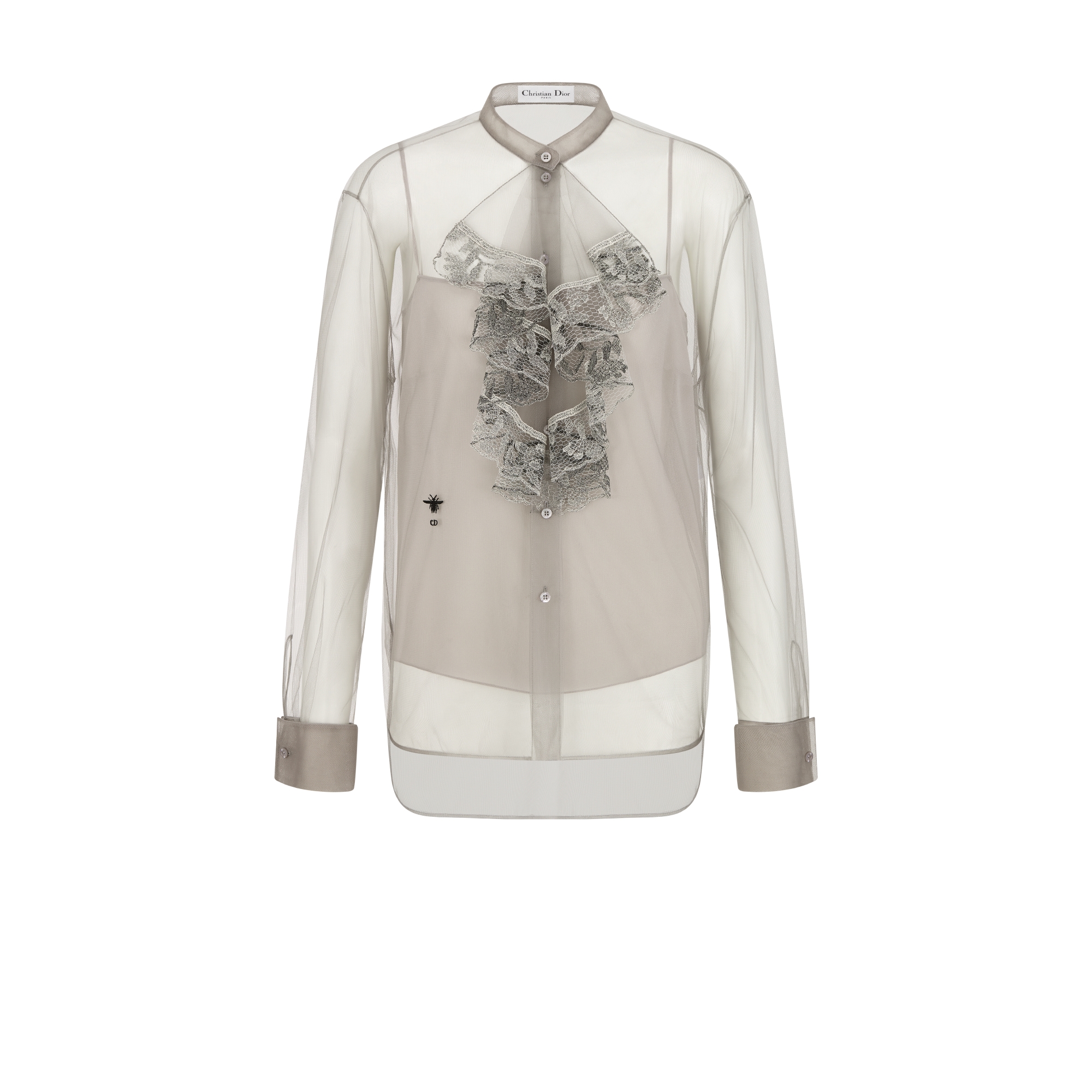 衬衫 灰色科技薄纱面料 Millefiori 图案和蕾丝荷叶边衣领 E01