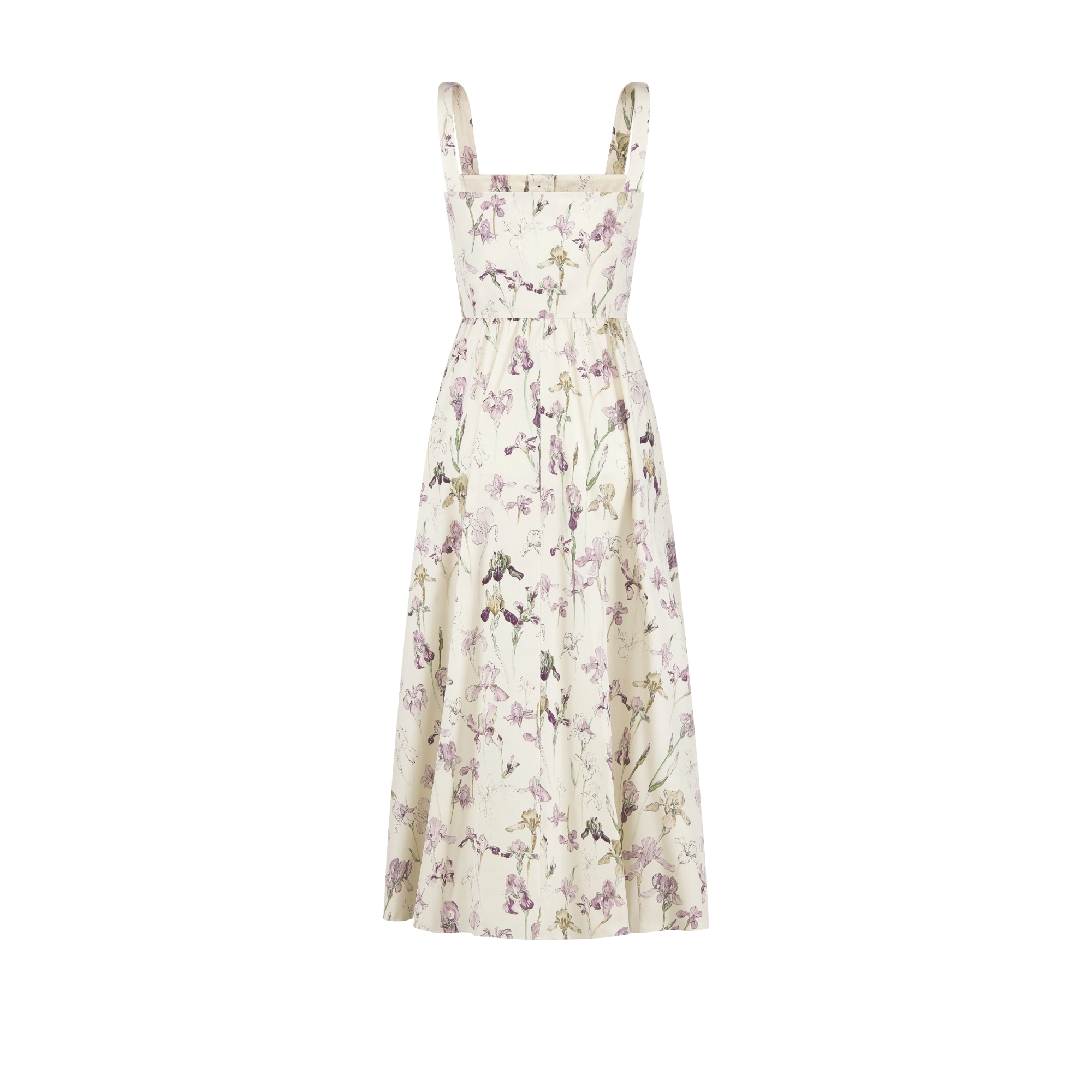 中长款喇叭形连衣裙 米色棉质和桑蚕丝混纺府绸多色 Butterflies & Iris 图案 E08