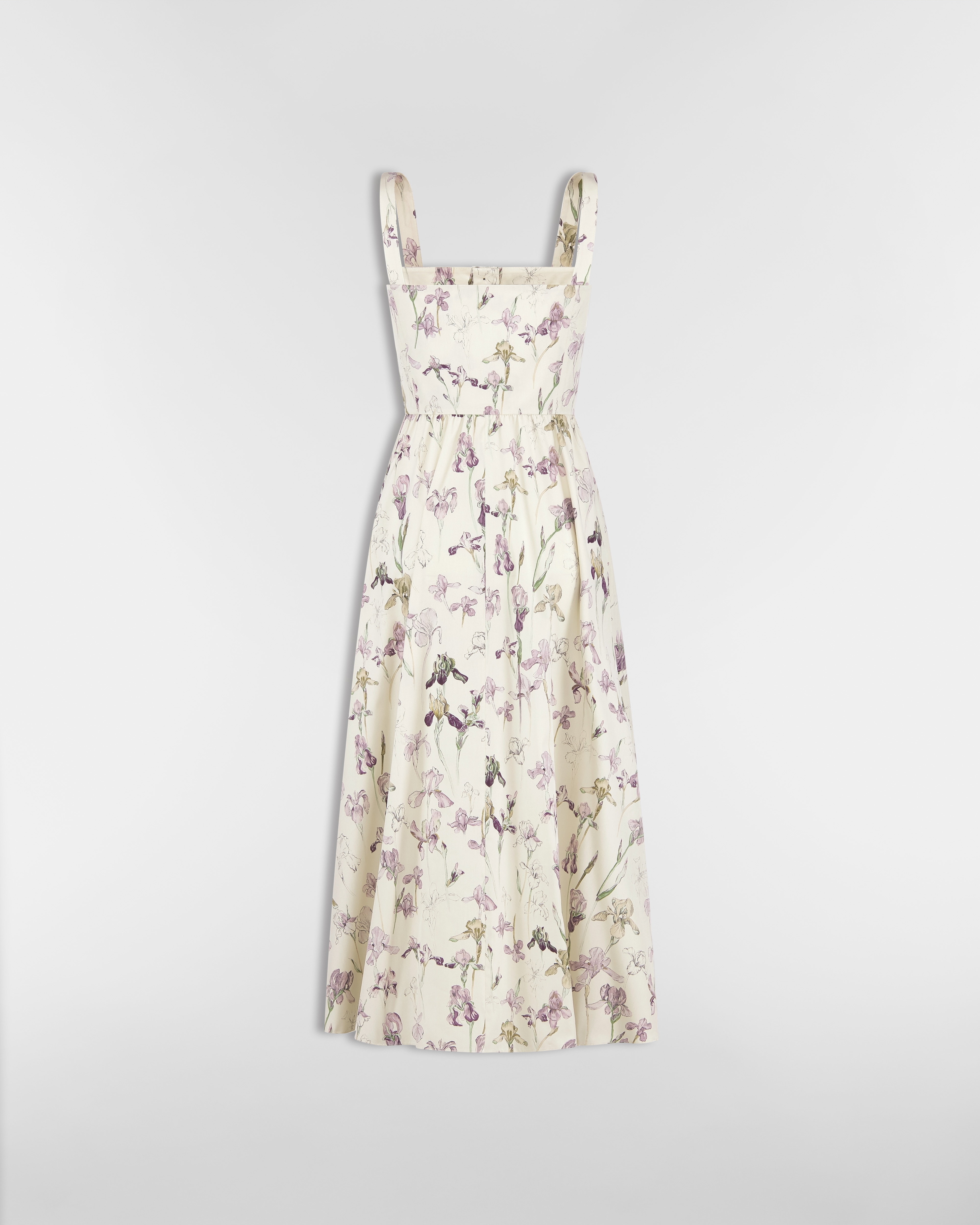 中长款喇叭形连衣裙 米色棉质和桑蚕丝混纺府绸多色 Butterflies & Iris 图案 E08