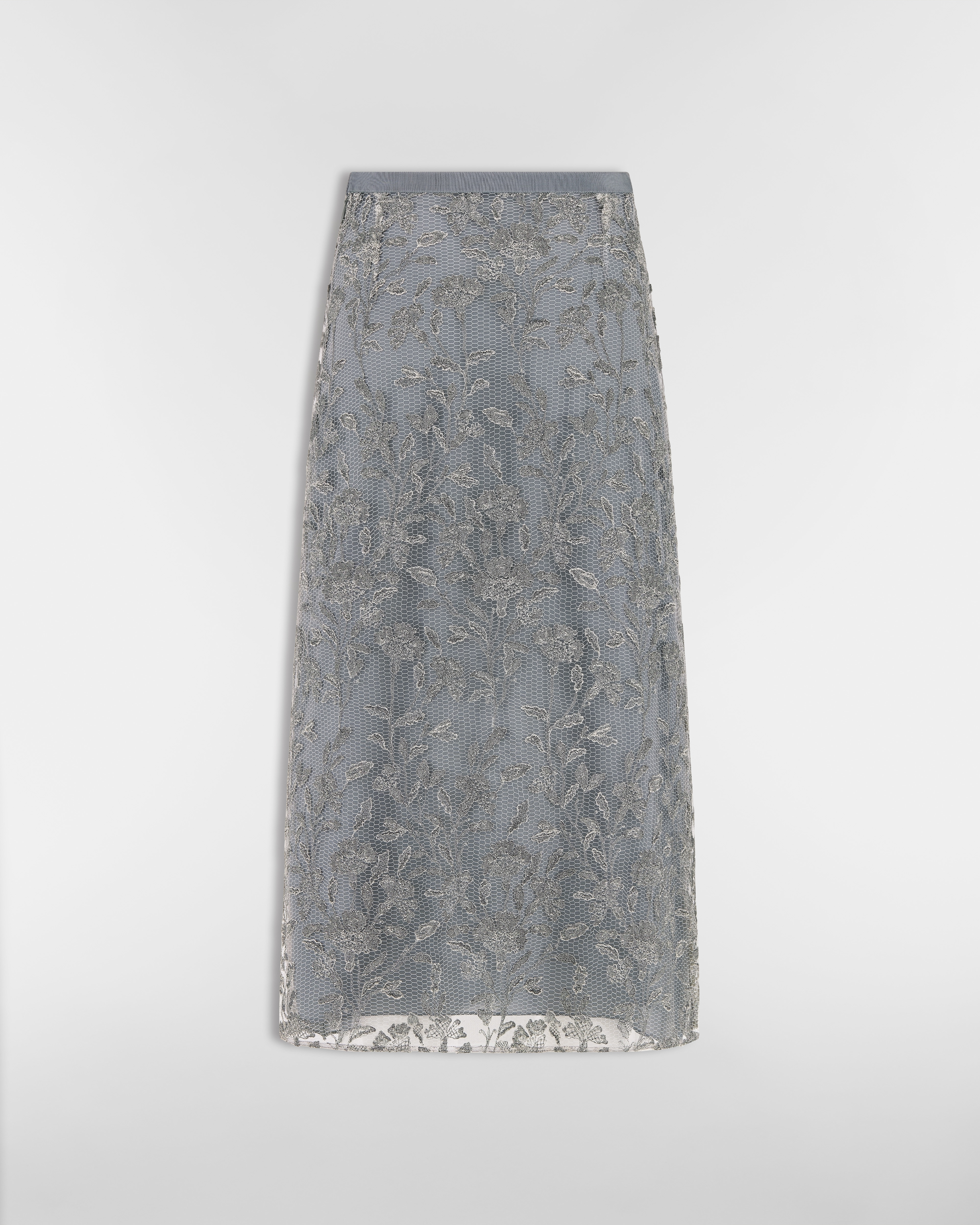 中长款常规版型半身裙 白色网眼织物米色 Millefiori 图案刺绣 E08