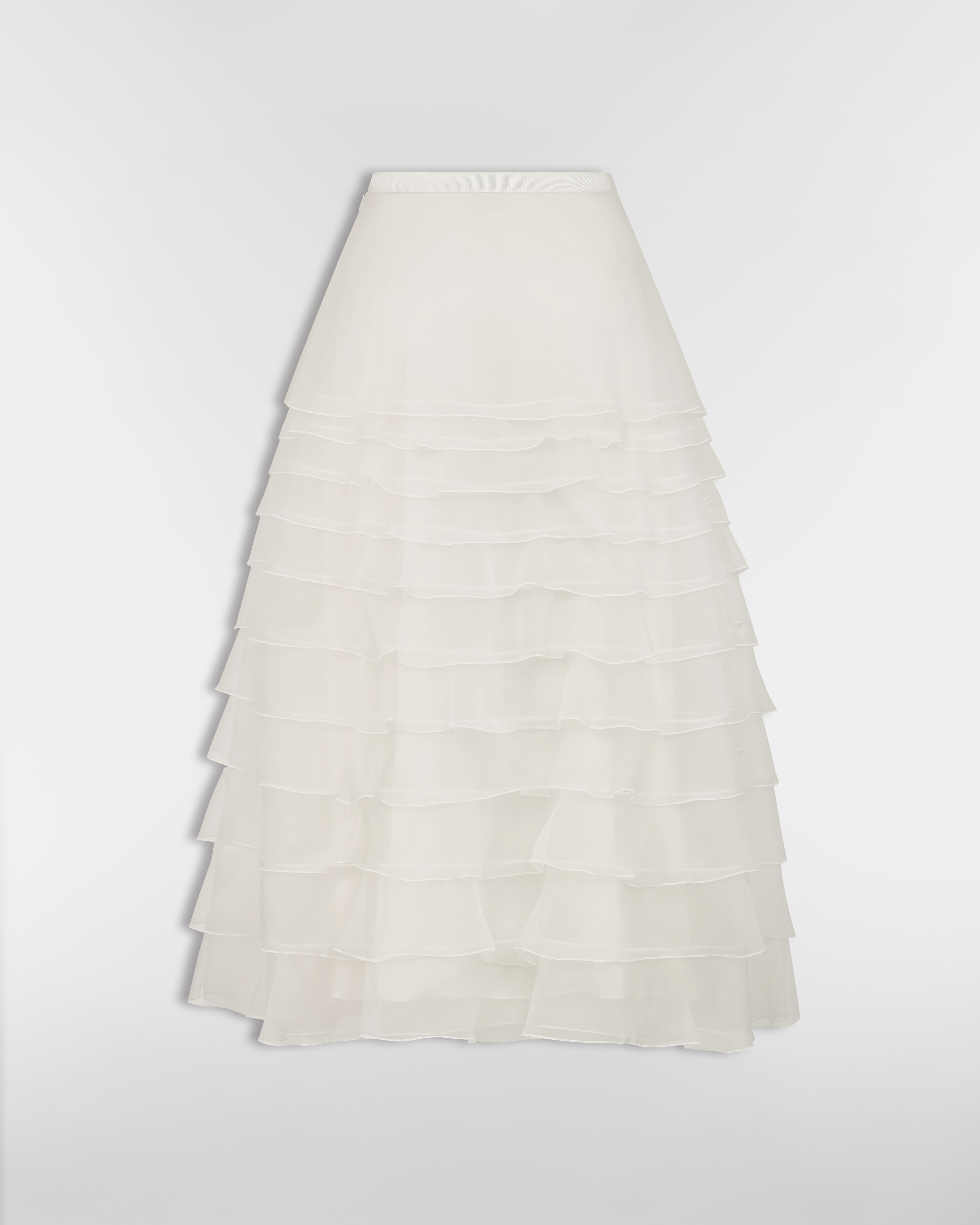 中长款半身裙 米白色桑蚕丝欧根纱效果面料搭配荷叶边 E08