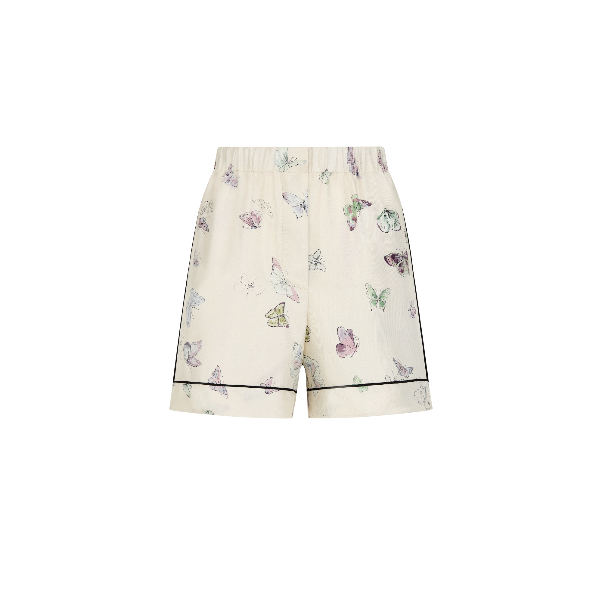短裤 米白色桑蚕丝斜纹面料多色蝴蝶图案 E01