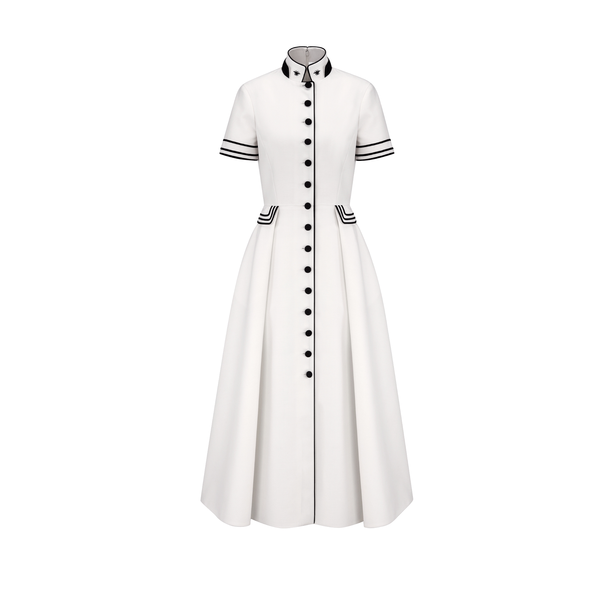 中长款衬衫式连衣裙 米白色绵羊毛和马海毛混纺面料搭配腰带 E01