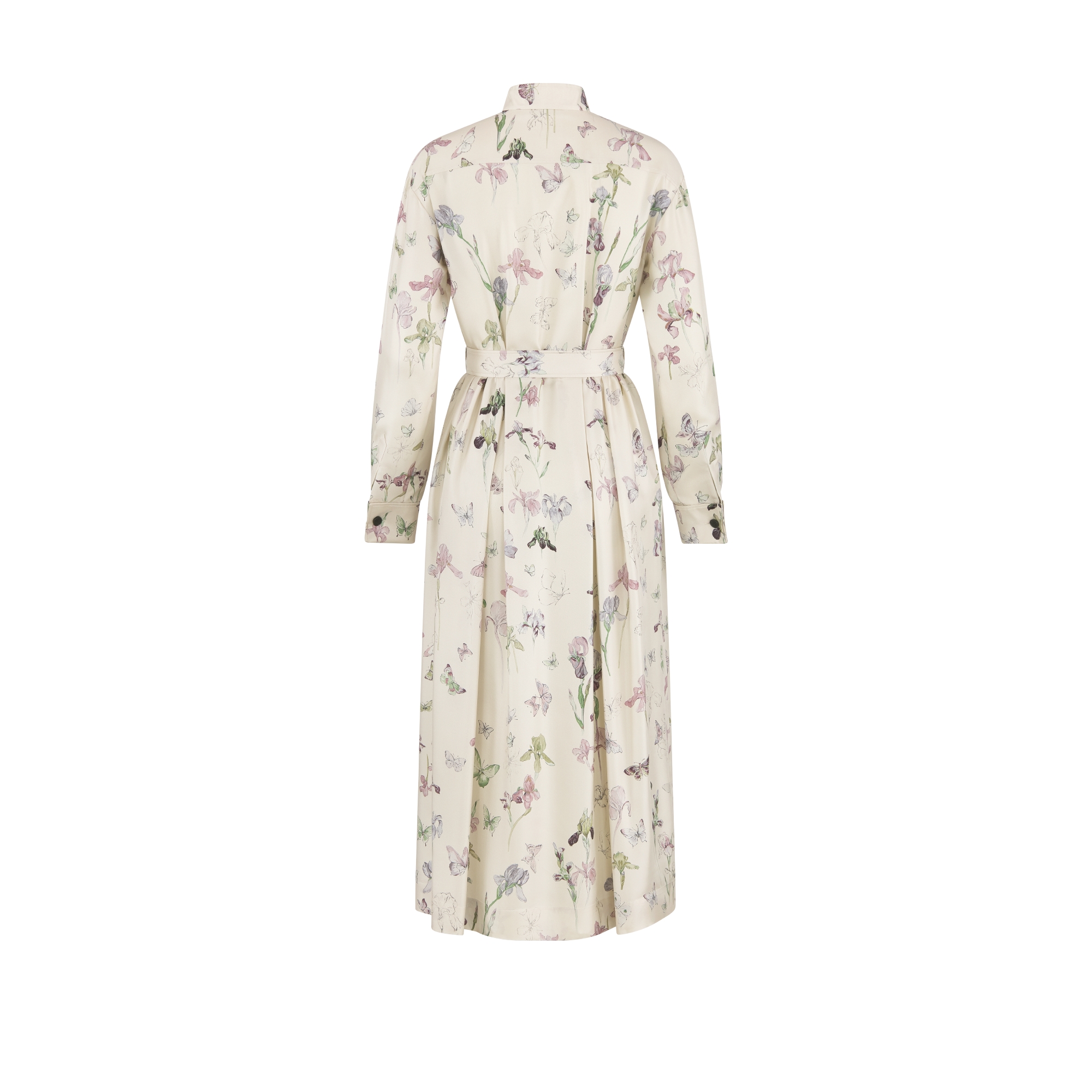 中长款衬衫式连衣裙 米色桑蚕丝斜纹面料多色 Butterflies & Iris 图案 E08