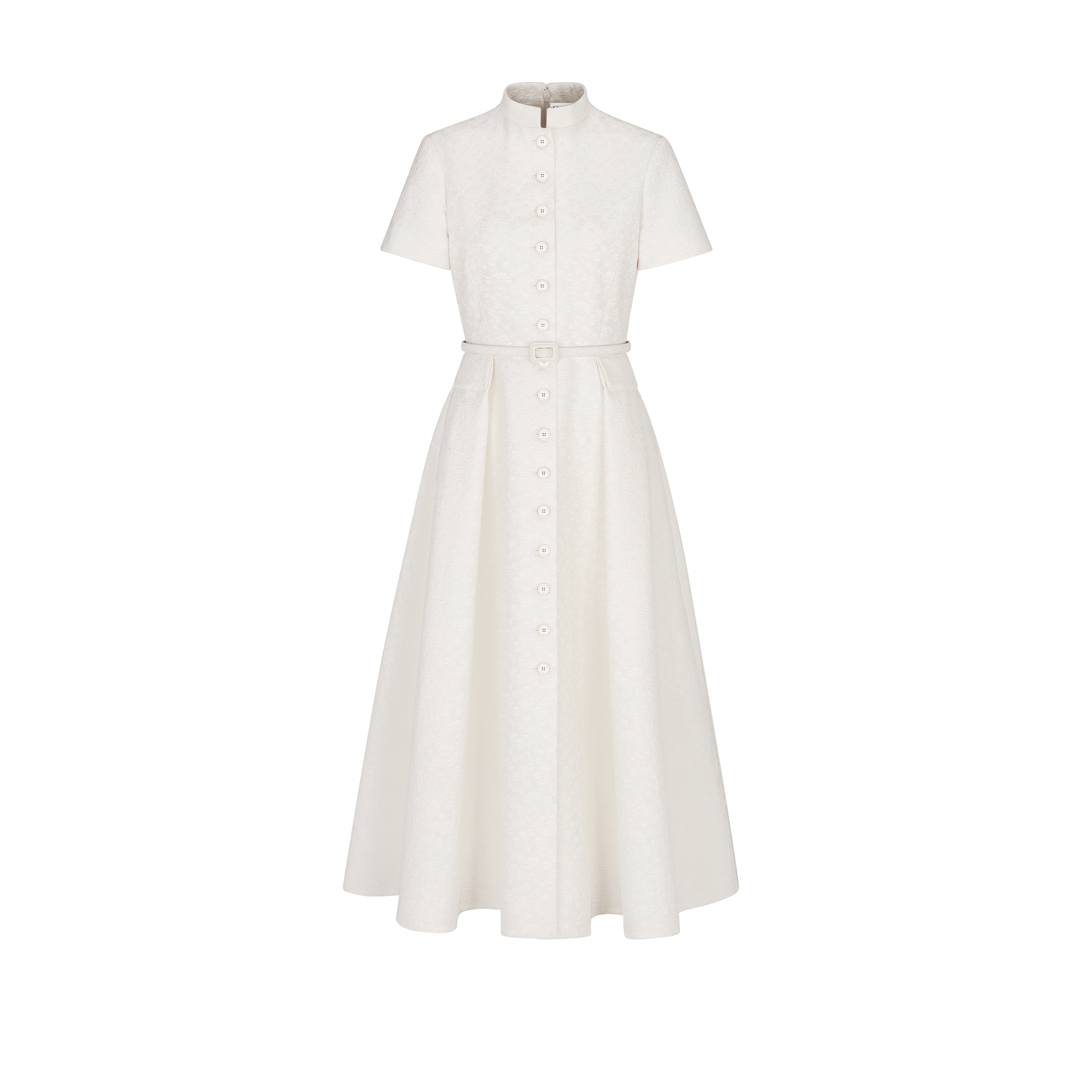 中长款衬衫式连衣裙 米白色棉质和桑蚕丝混纺面料普罗旺斯风格绗缝 Millefiori 图案搭配腰带 E01