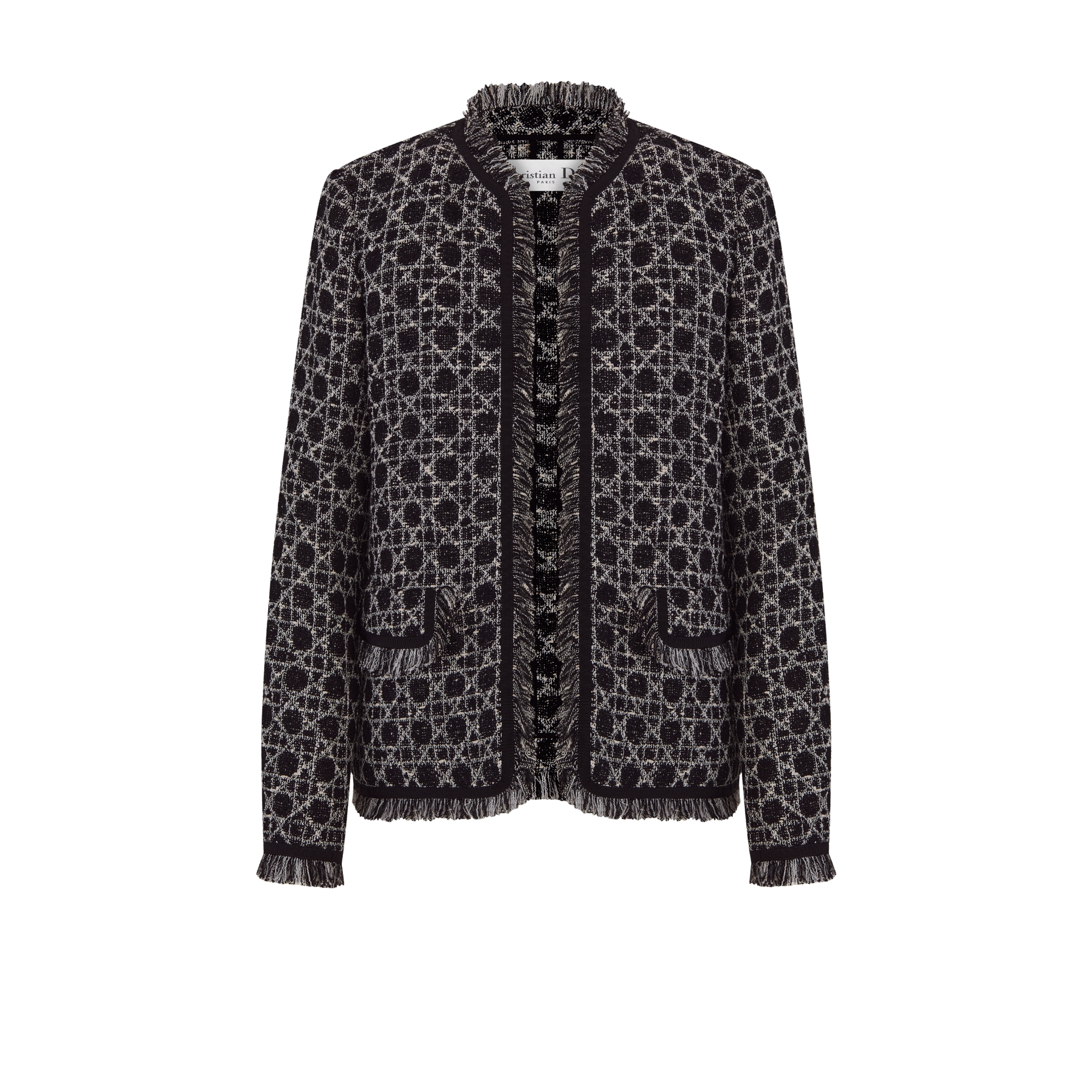 常规版型外套 黑色和白色棉质混纺粗花呢针织面料超大藤格纹 E01