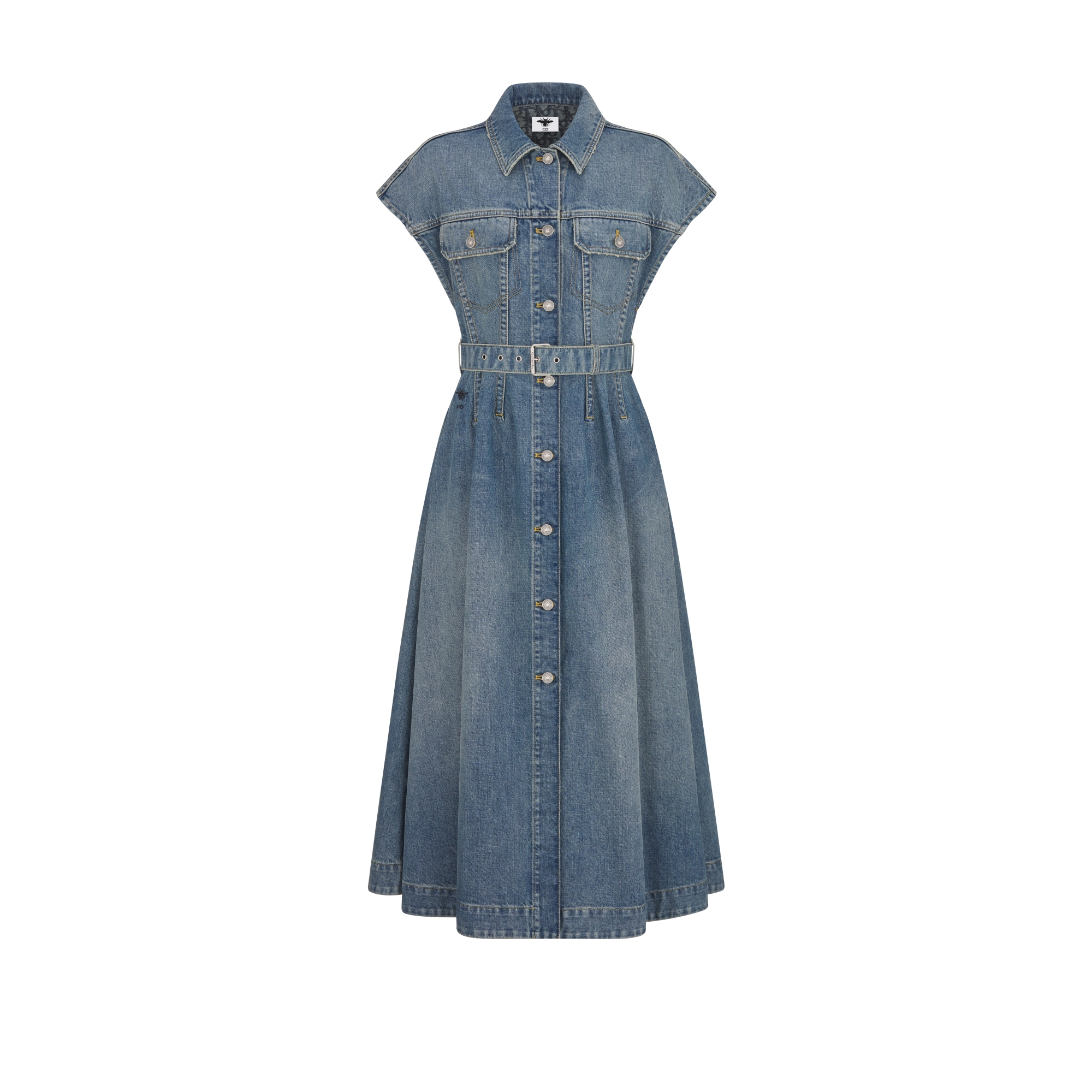 中长款喇叭形连衣裙 蓝色石洗棉质牛仔布 Oblique 印花内部 E01