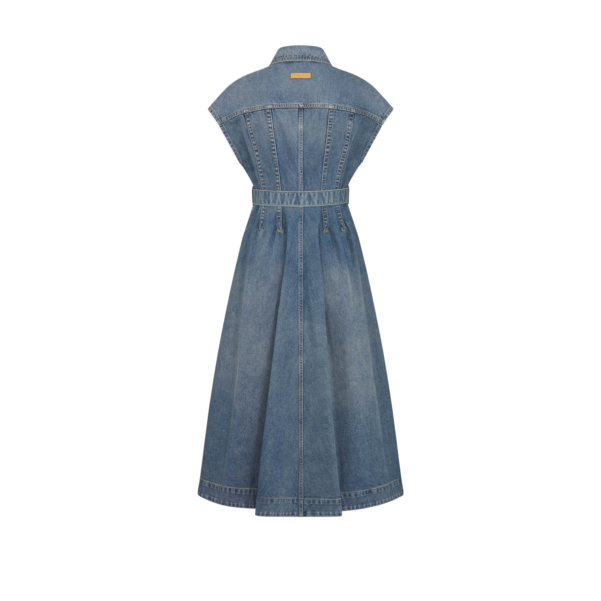 中长款喇叭形连衣裙 蓝色石洗棉质牛仔布 Oblique 印花内部 E08