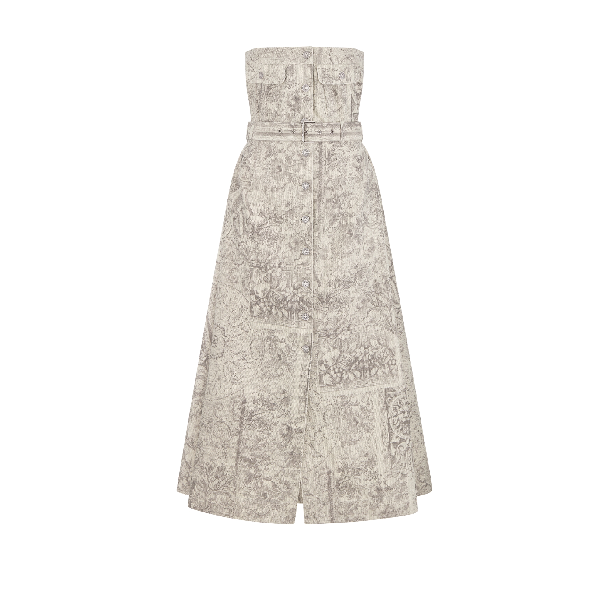 中长款紧身胸衣连衣裙 米色棉质和亚麻混纺牛仔面料 Dior Barocco 图案搭配腰带 E01