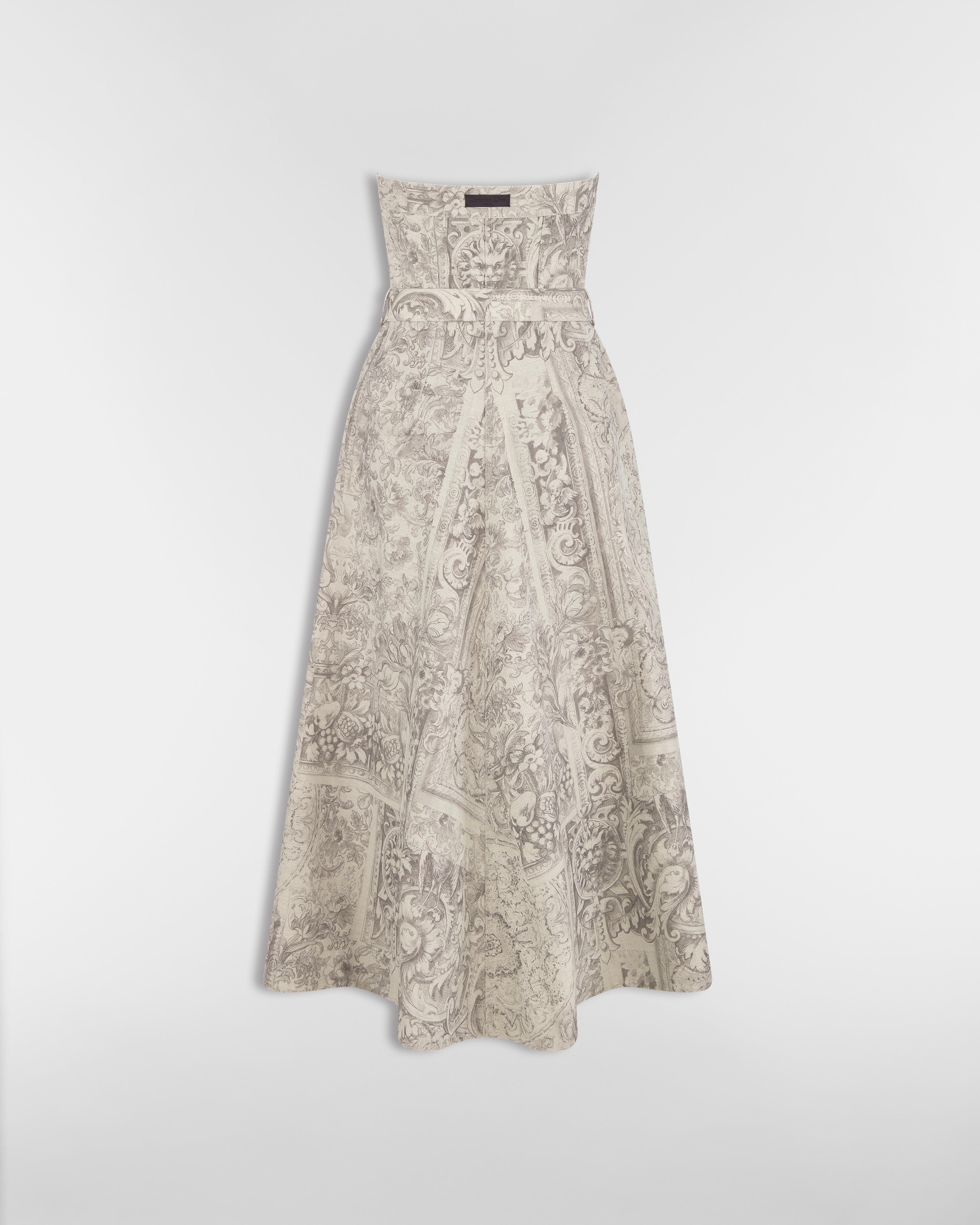 中长款紧身胸衣连衣裙 米色棉质和亚麻混纺牛仔面料 Dior Barocco 图案搭配腰带 E08