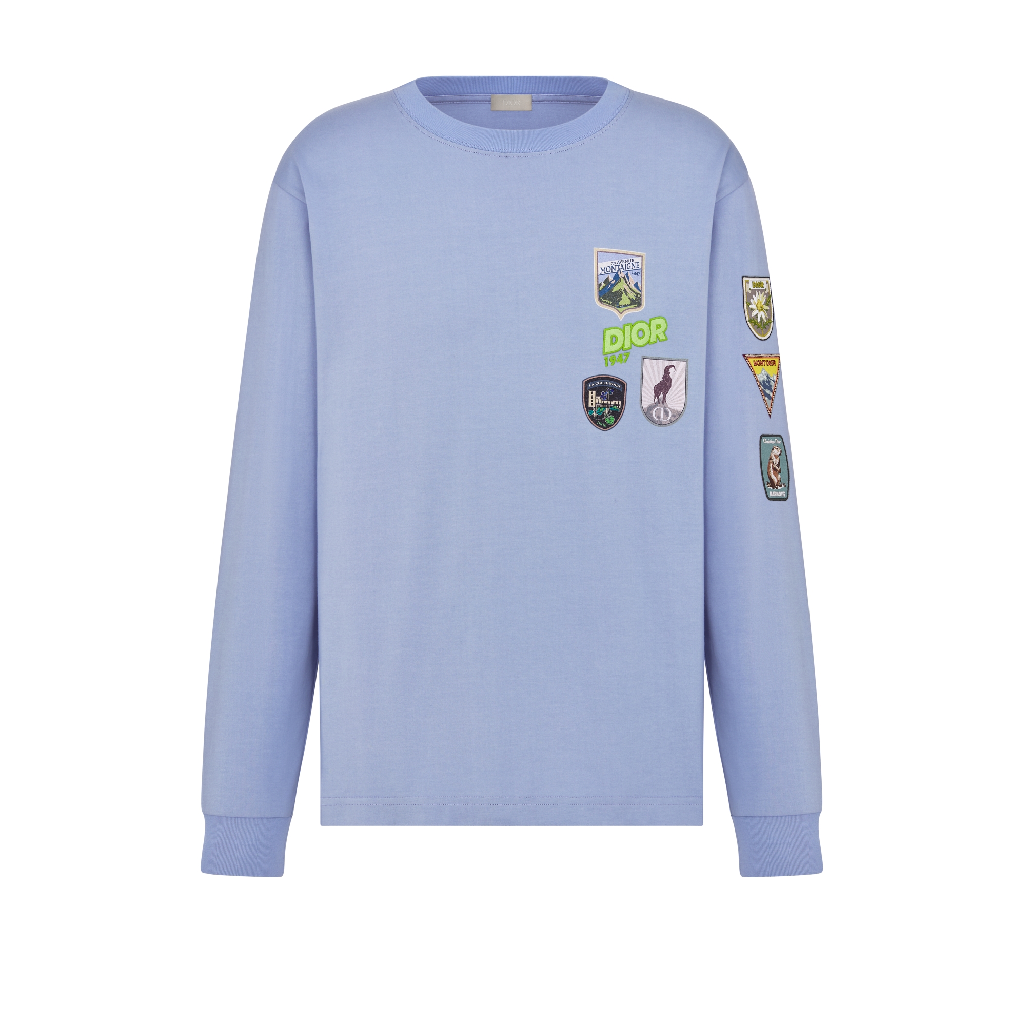 宽松版型长袖 T 恤 蓝色棉质平纹针织面料 Dior Mountain 刺绣 E01