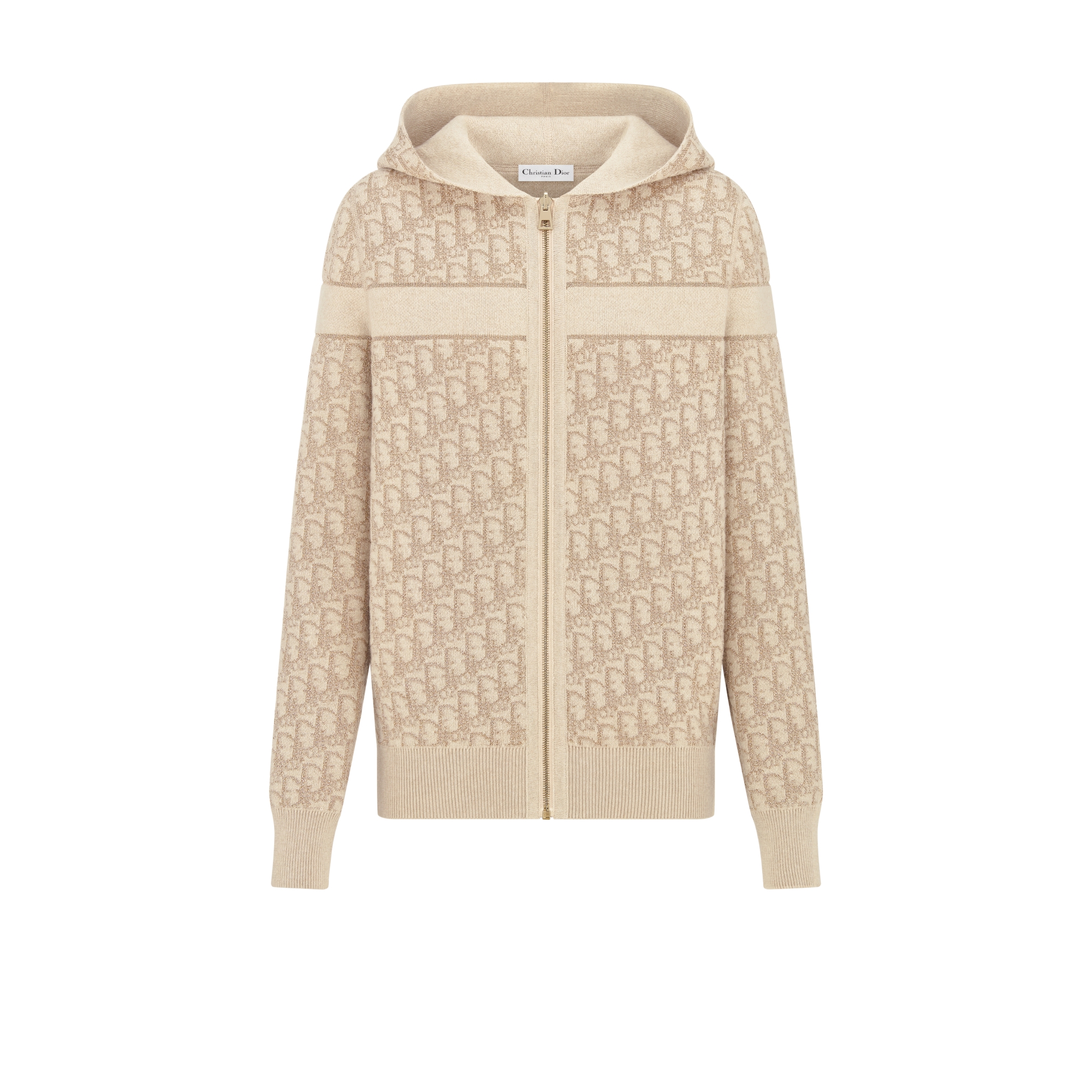 双面连帽拉链开衫 金色调金属光泽山羊绒混纺针织面料 Oblique 印花 E01