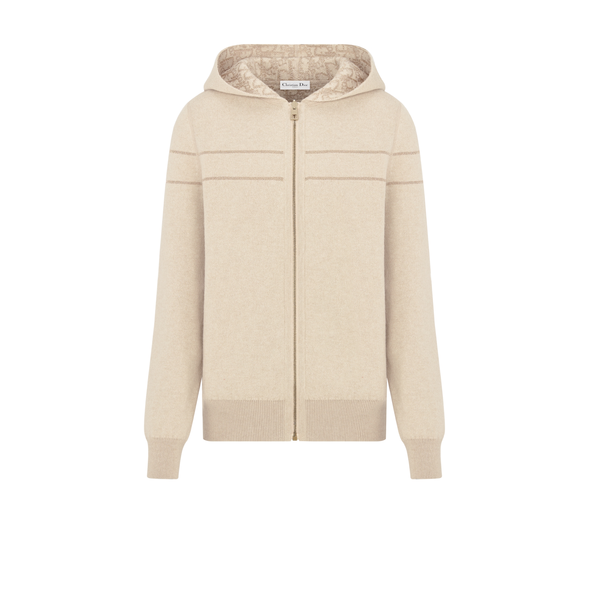 双面连帽拉链开衫 金色调金属光泽山羊绒混纺针织面料 Oblique 印花 E10