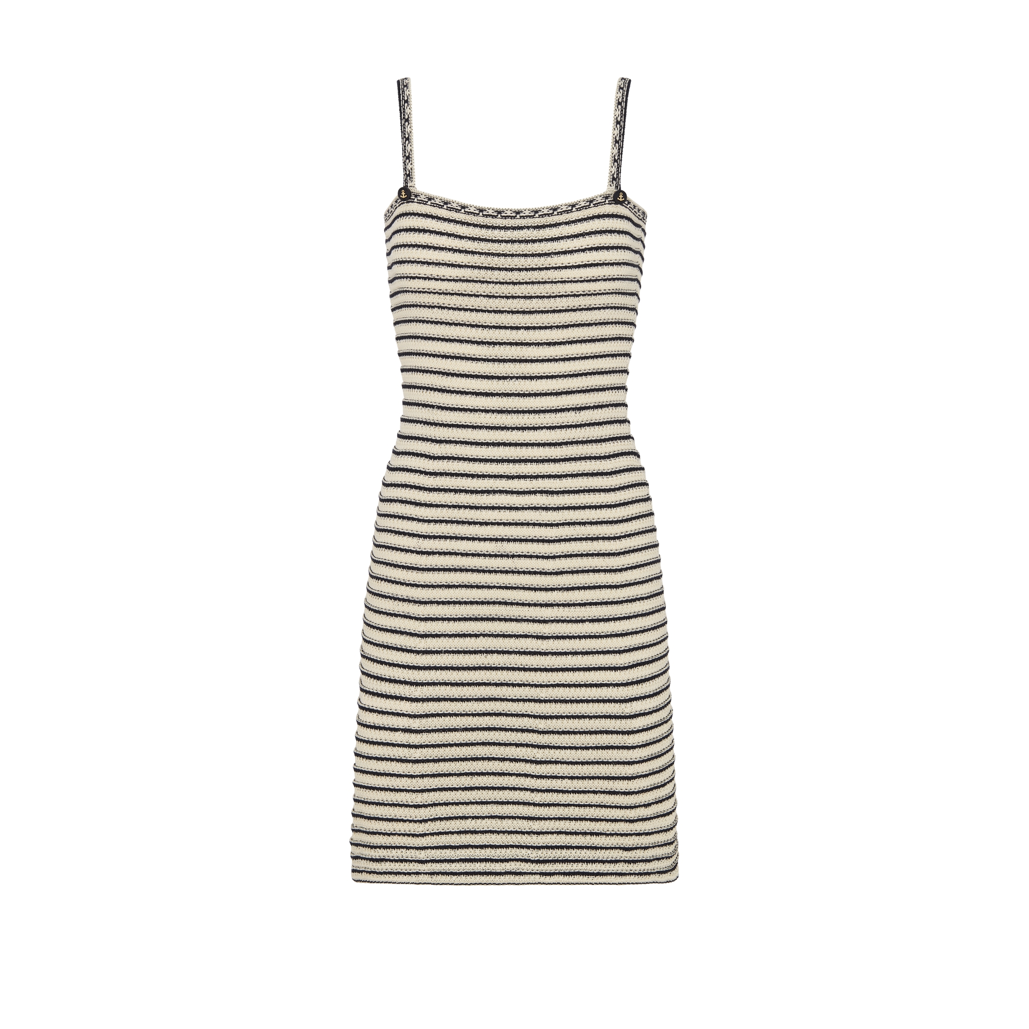 Dior Marinière 短款连衣裙 海军蓝色和白色棉质针织面料 E01