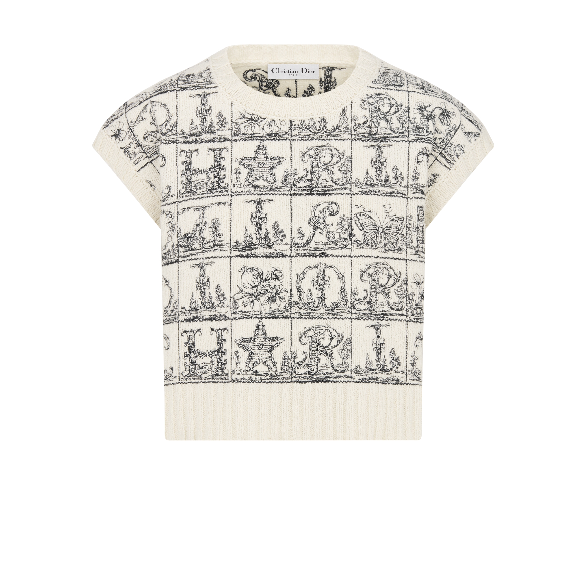 针织衫背心 米白色绵羊毛混纺针织面料黑色 Dior Alphabet 图案刺绣 E01