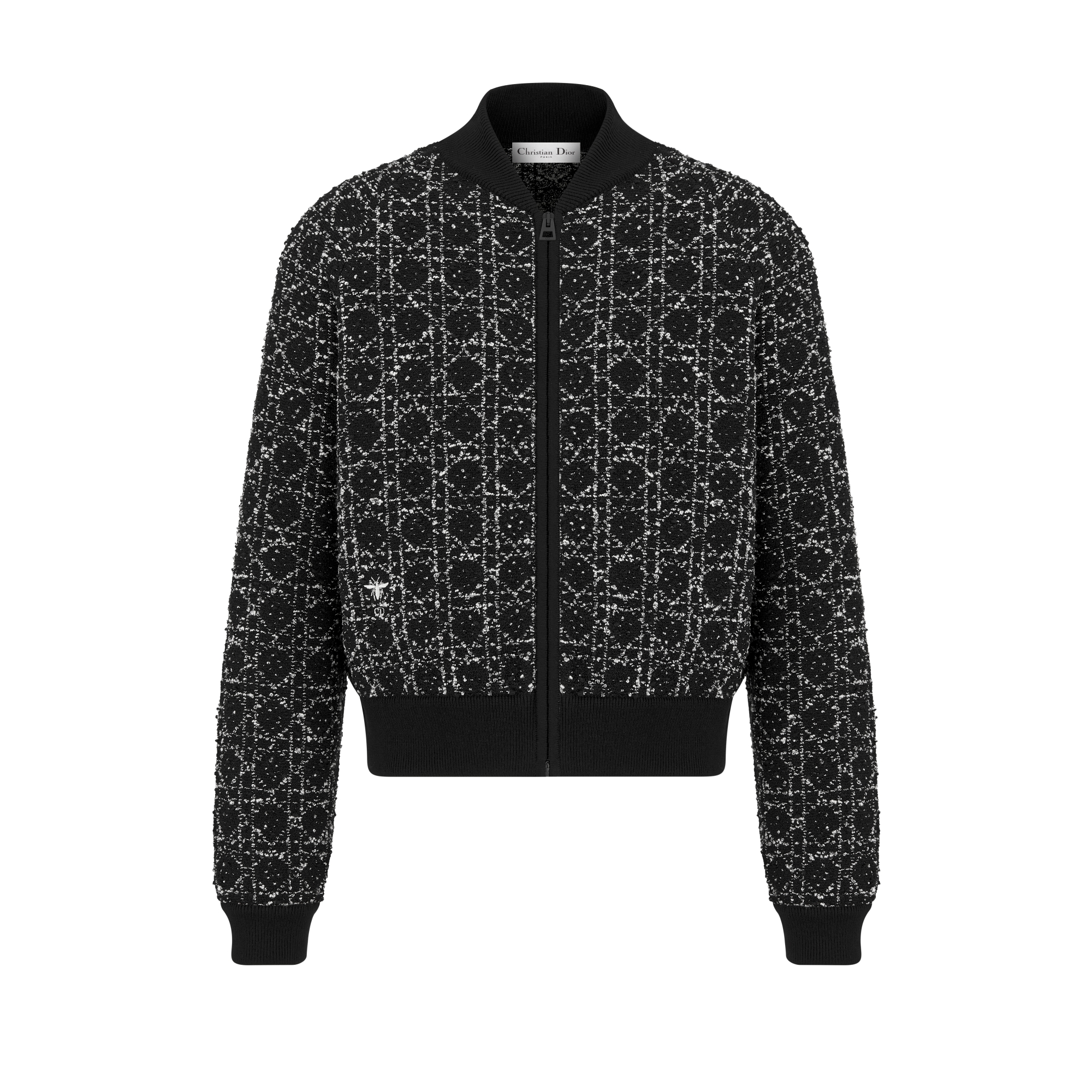 飞行员夹克 黑色和白色棉质混纺粗花呢针织面料超大藤格纹 E01