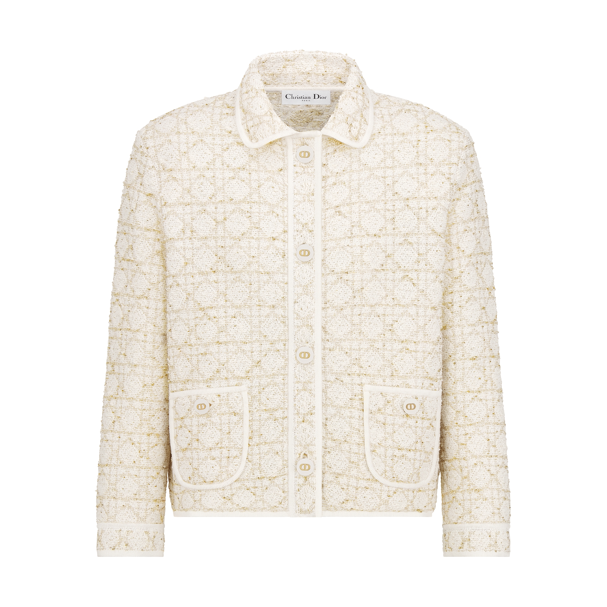  白色和金色调棉质混纺粗花呢针织面料超大藤格纹