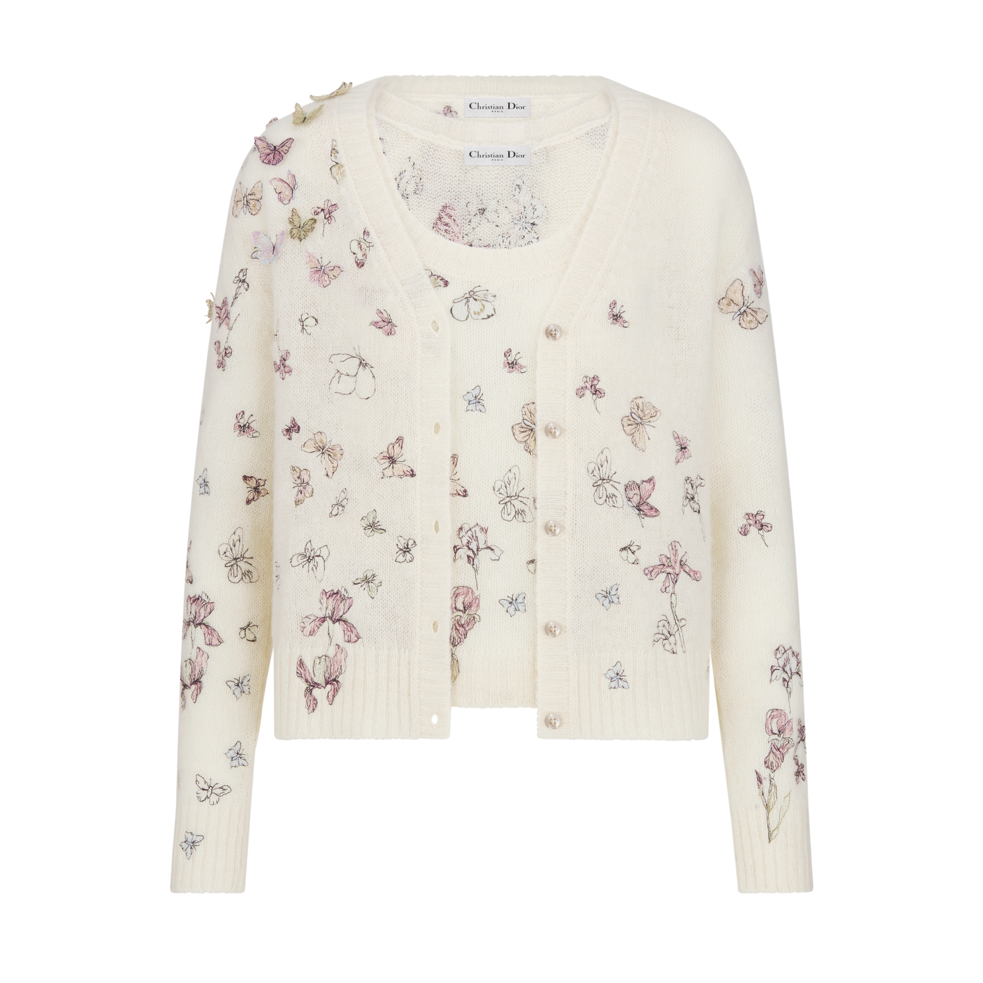 两件套 白色羊驼毛、山羊绒和桑蚕丝混纺针织面料多色 Butterflies & Iris 图案 E01