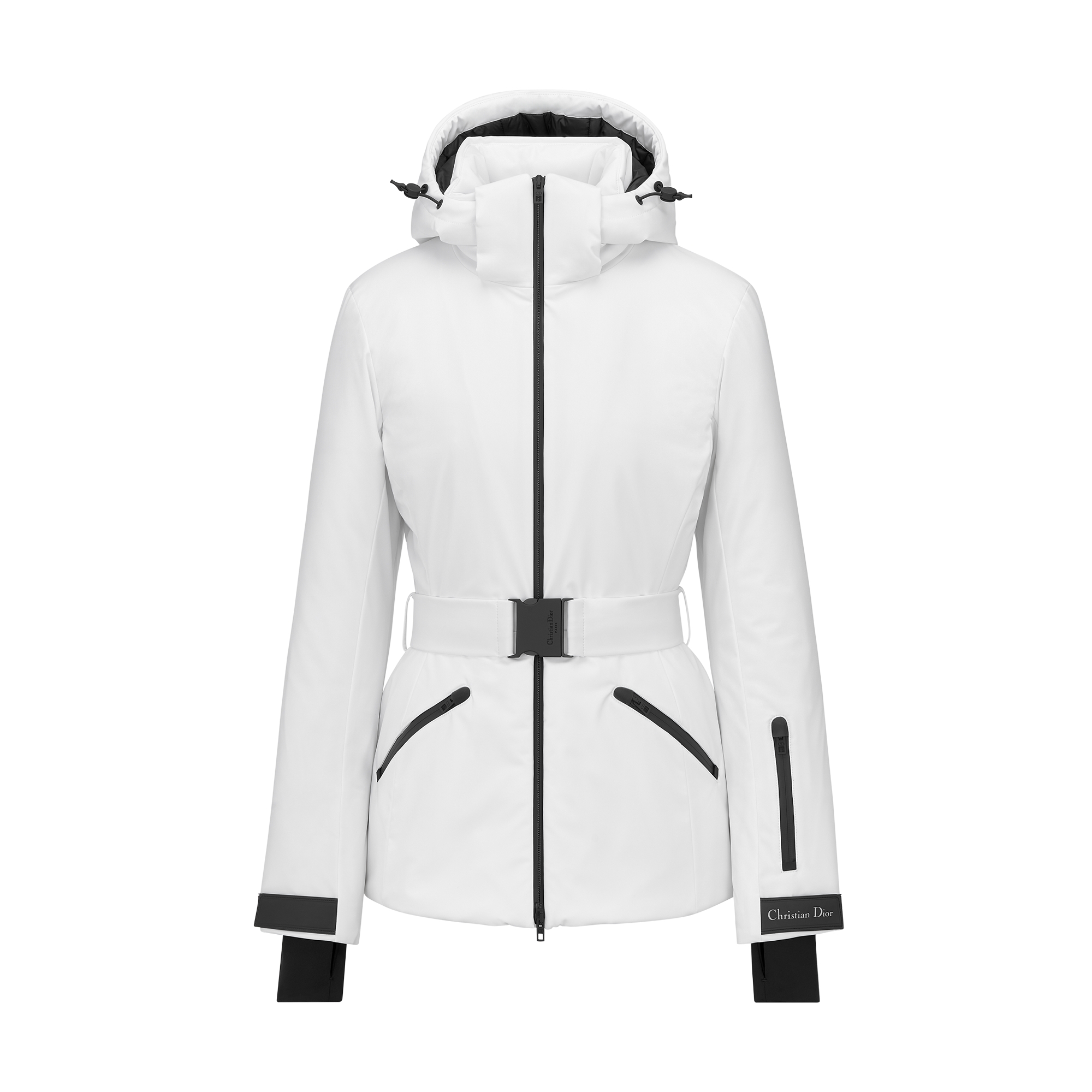  白色带夹层塔夫绸科技面料搭配腰带和可拆卸风帽