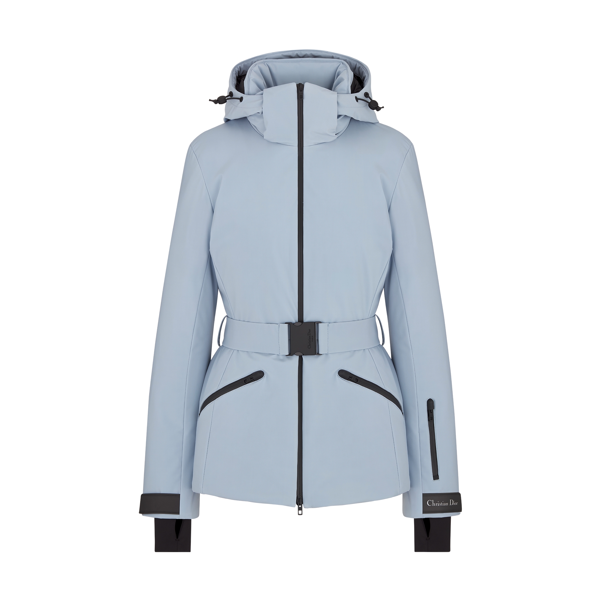  淡蓝色带夹层塔夫绸科技面料搭配腰带和可拆卸风帽