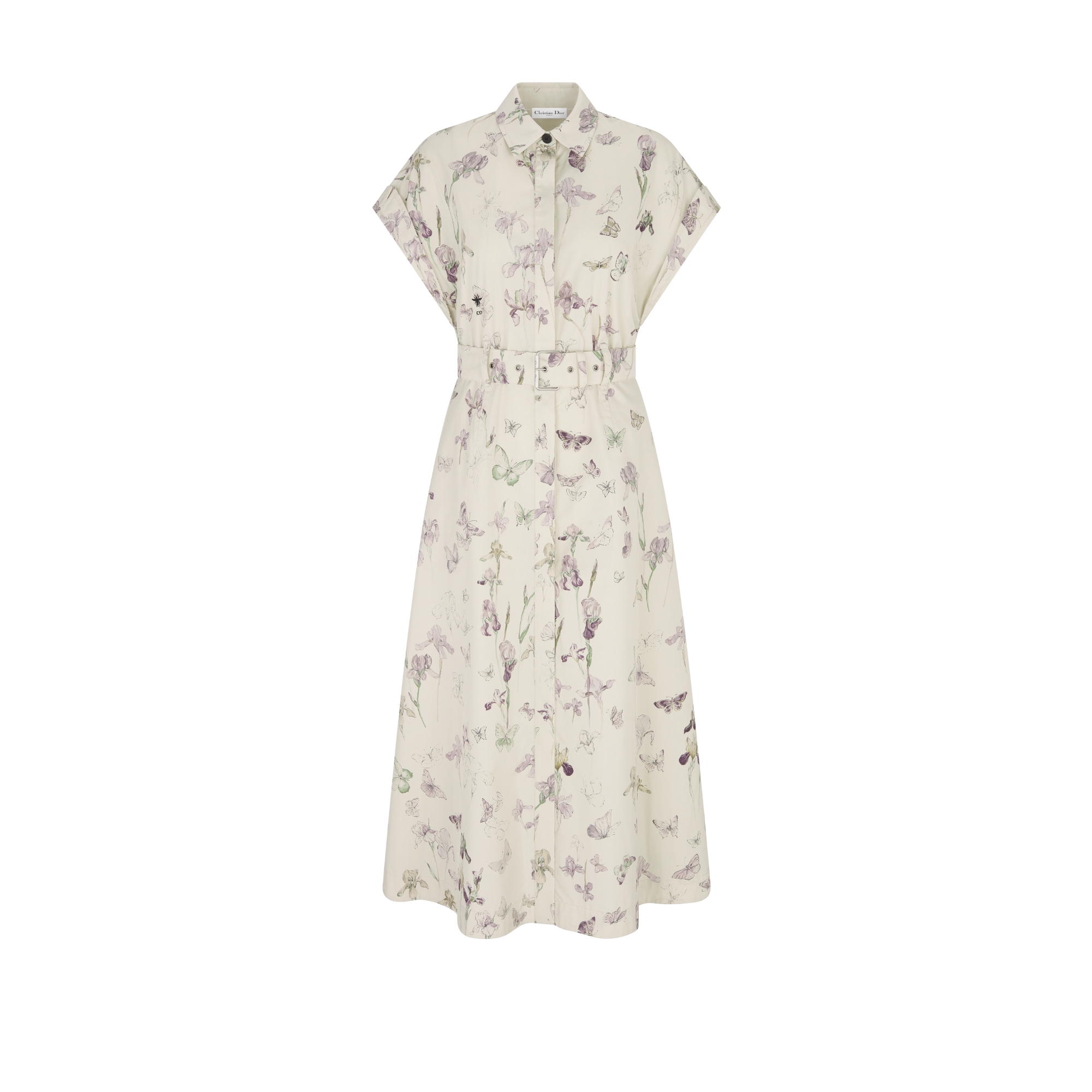 中长款衬衫式连衣裙 米色棉质和桑蚕丝混纺府绸多色 Butterflies & Iris 图案搭配腰带 E01