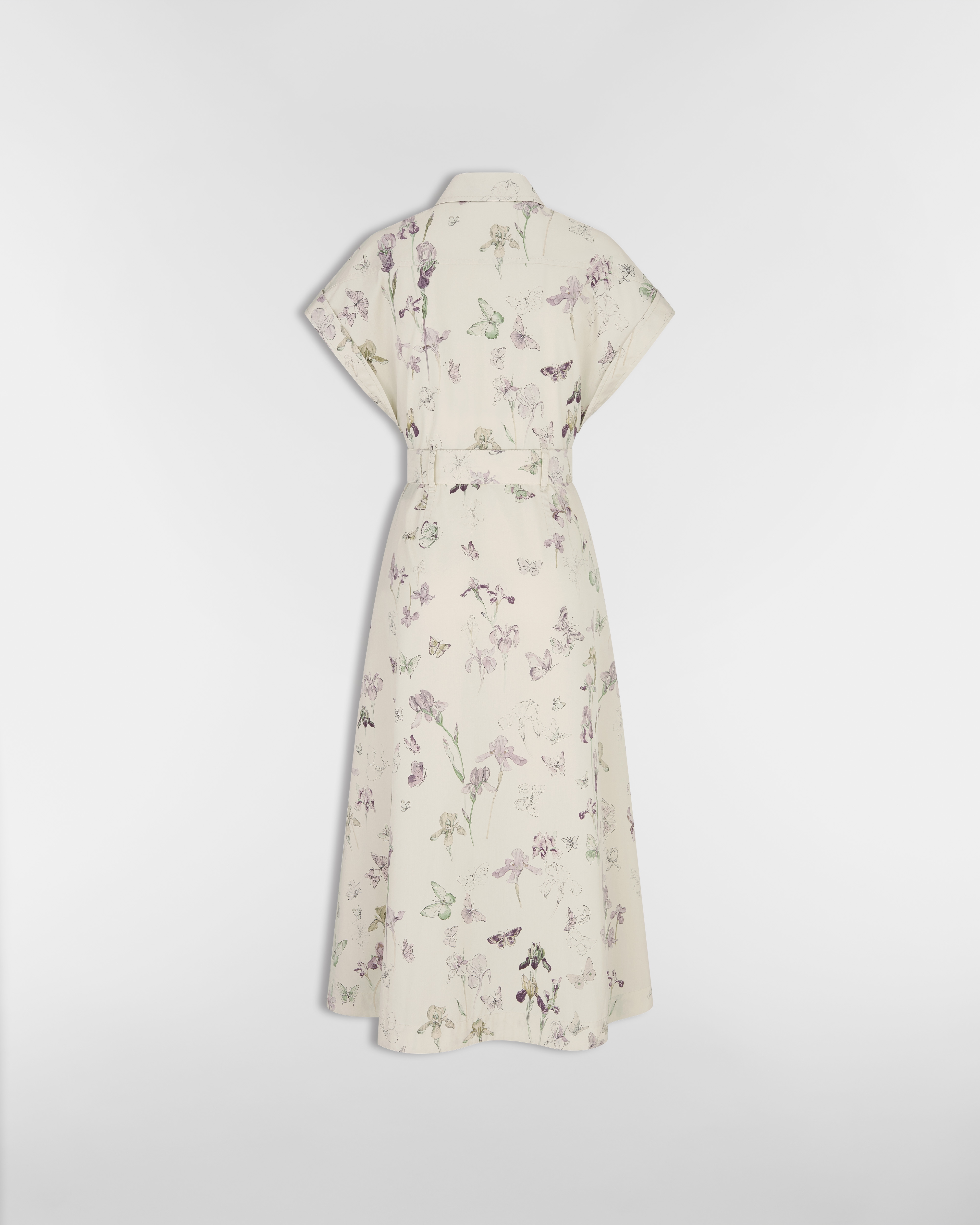 中长款衬衫式连衣裙 米色棉质和桑蚕丝混纺府绸多色 Butterflies & Iris 图案搭配腰带 E08