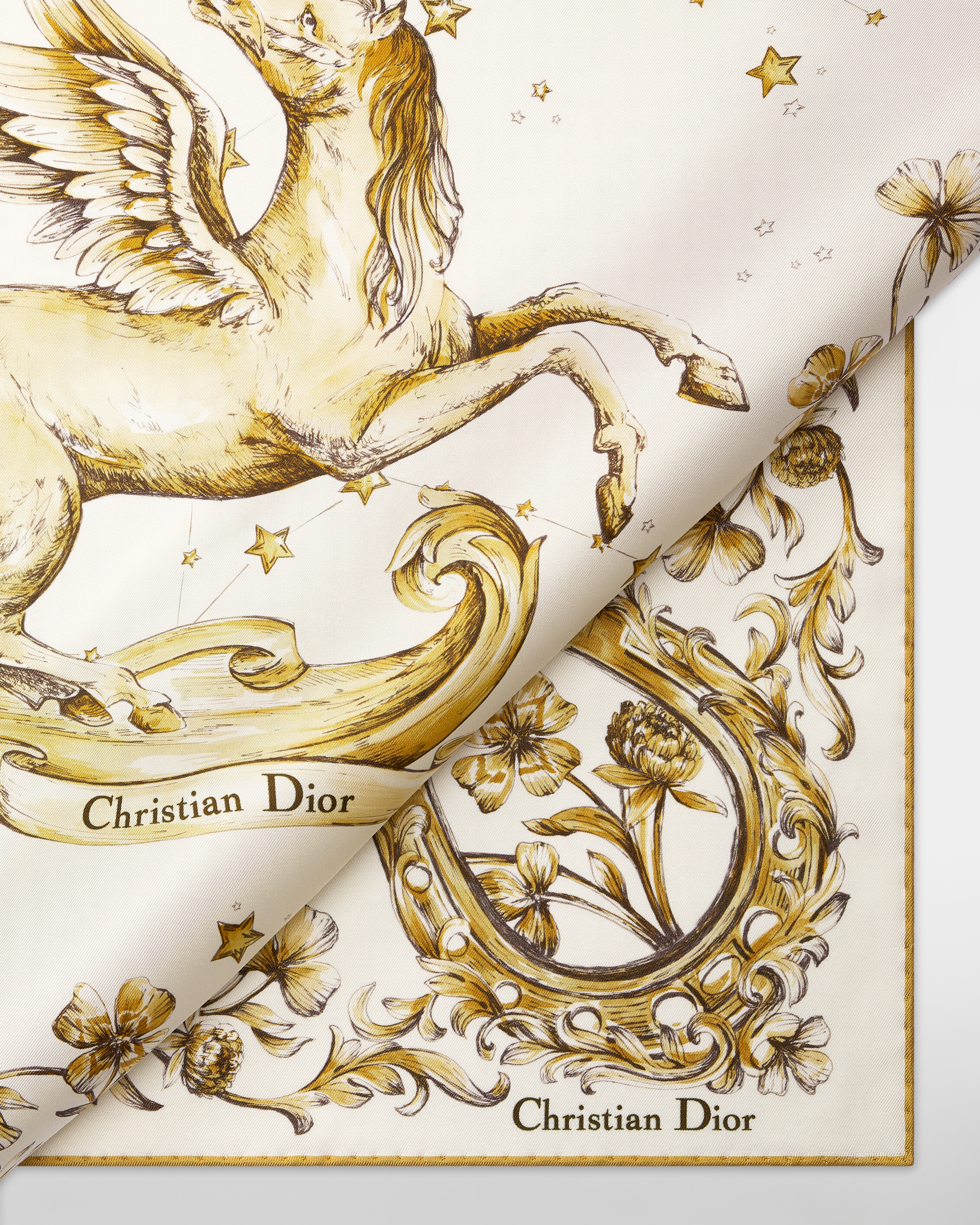 Dior 印花方巾 70 厘米象牙色和金色调桑蚕丝斜纹面料 Dior Pegasus 图案 E09