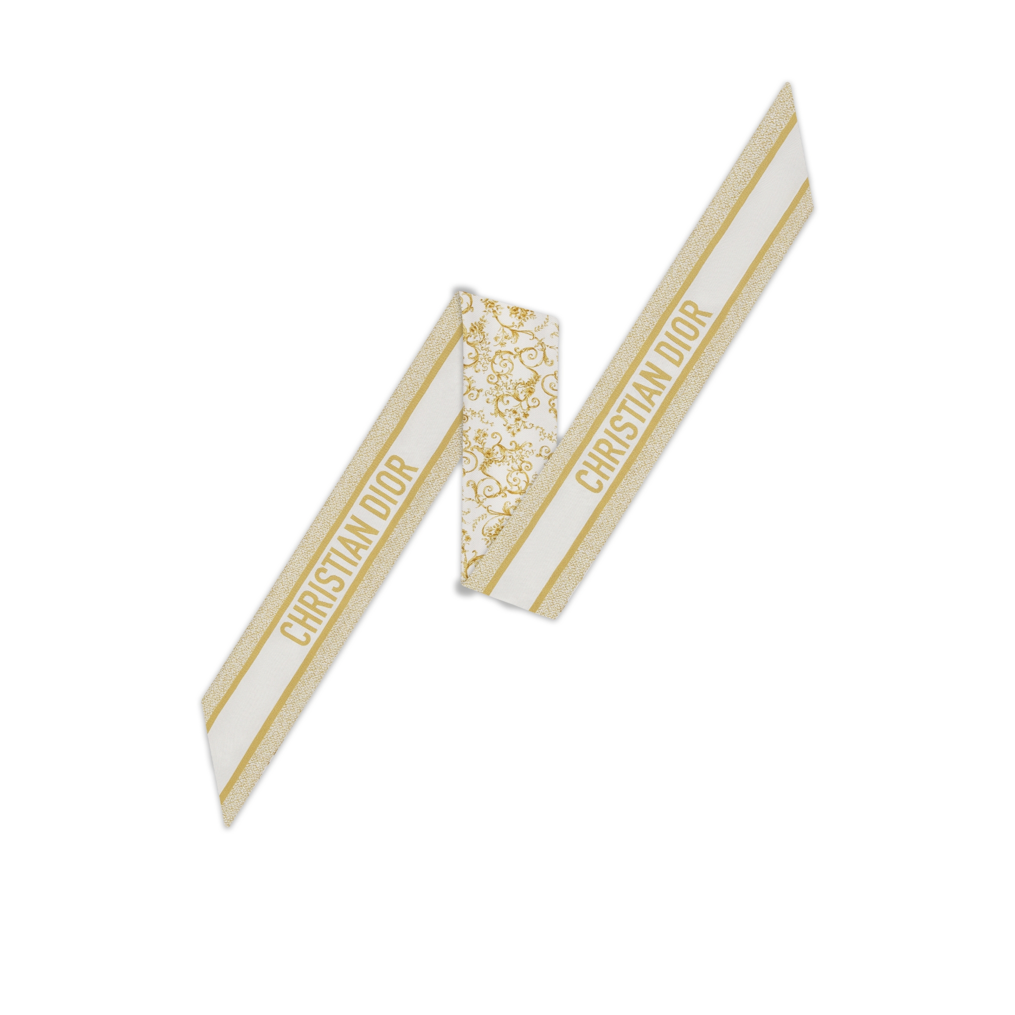 Mitzah 丝巾 白色和金色调桑蚕丝斜纹面料 Dioresque Butterfly 图案 E08