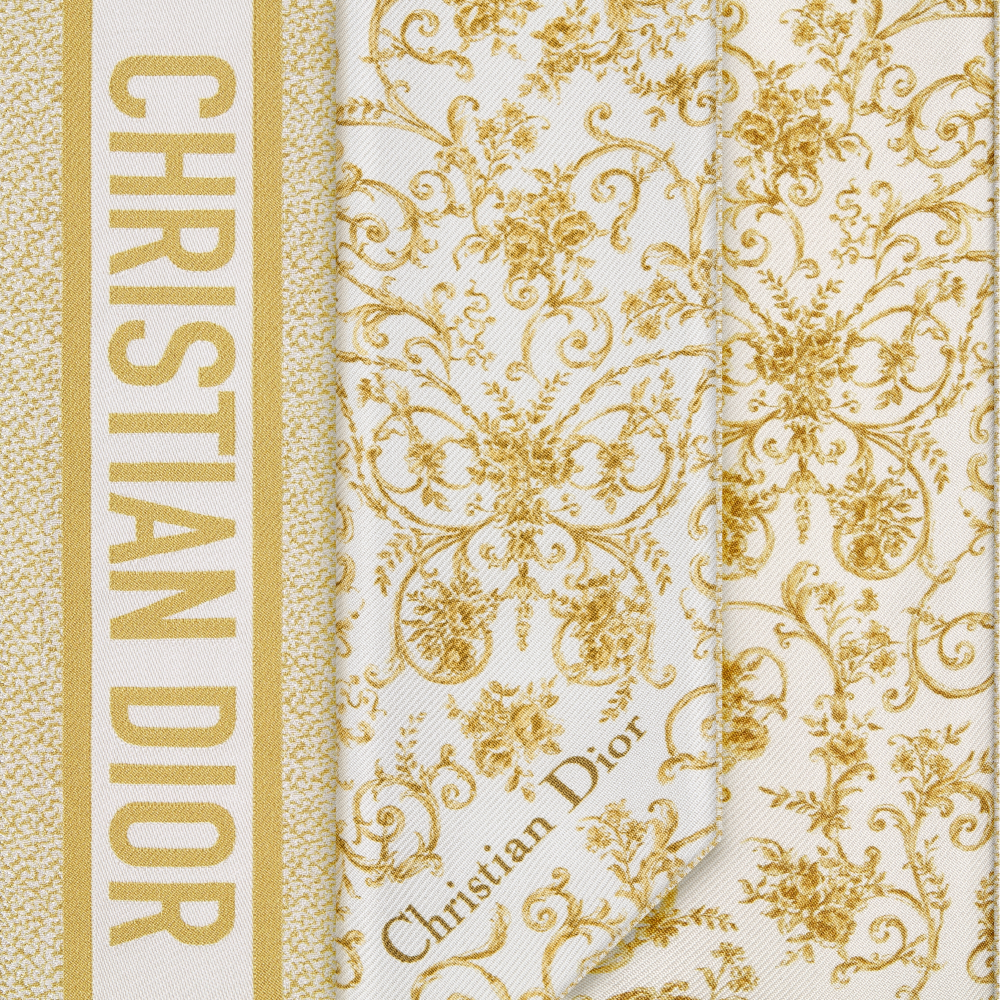 Mitzah 丝巾 白色和金色调桑蚕丝斜纹面料 Dioresque Butterfly 图案 E09