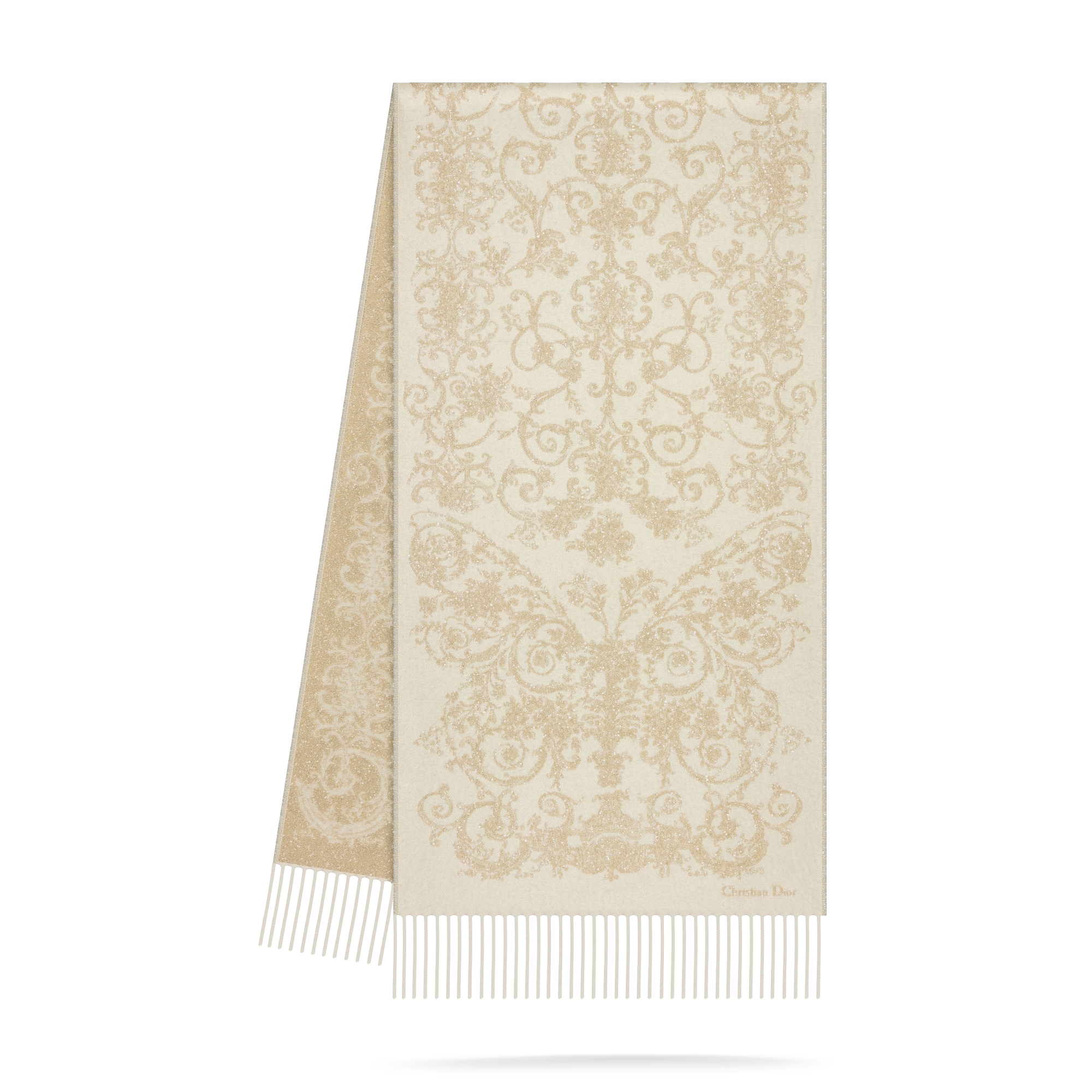 Dior 印花围巾 米白色山羊绒混纺面料金色金属光泽线 Dioresque Butterfly 图案 E03