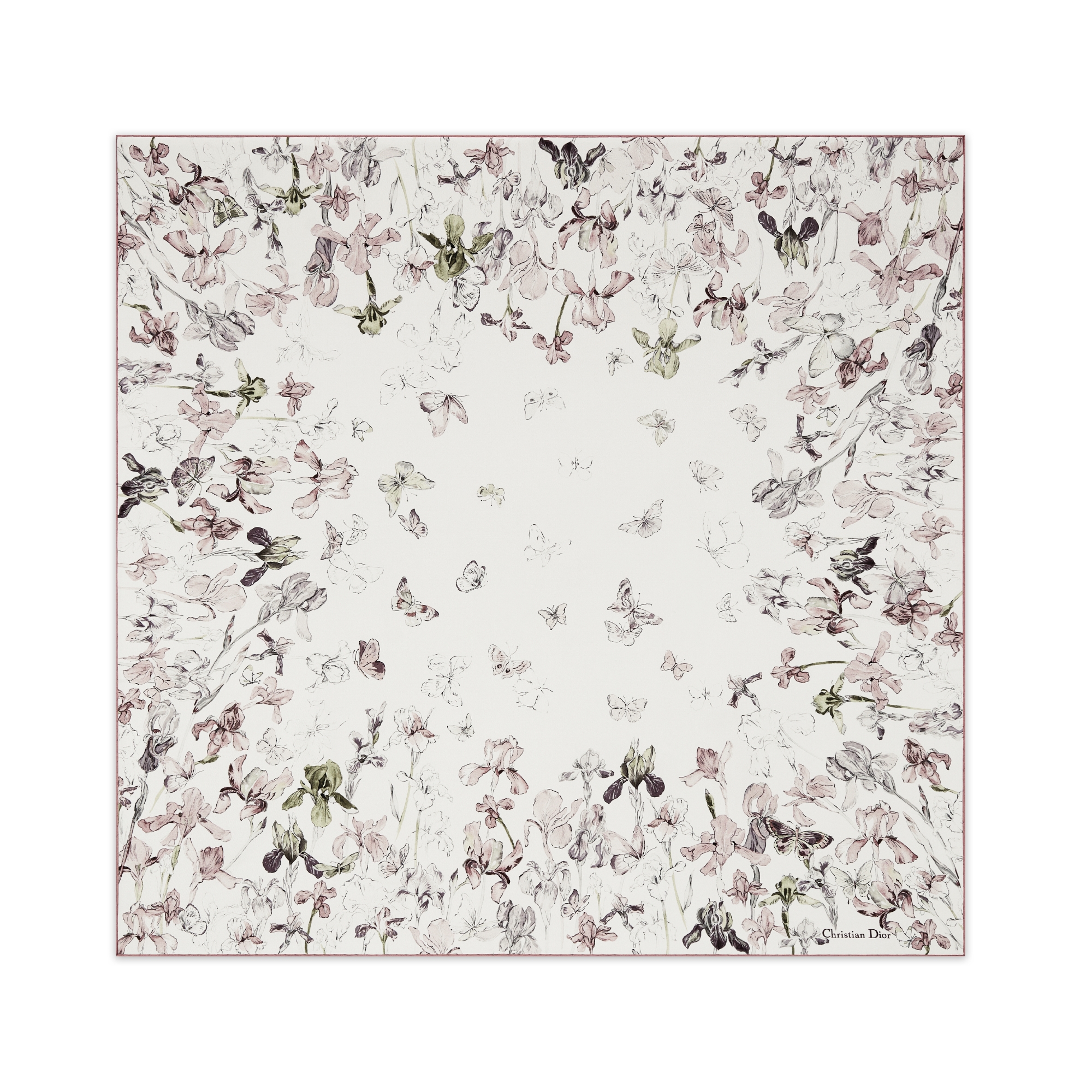 Dior 印花方巾 90 厘米胭脂粉色桑蚕丝斜纹面料多色 Butterflies & Iris 图案 E01
