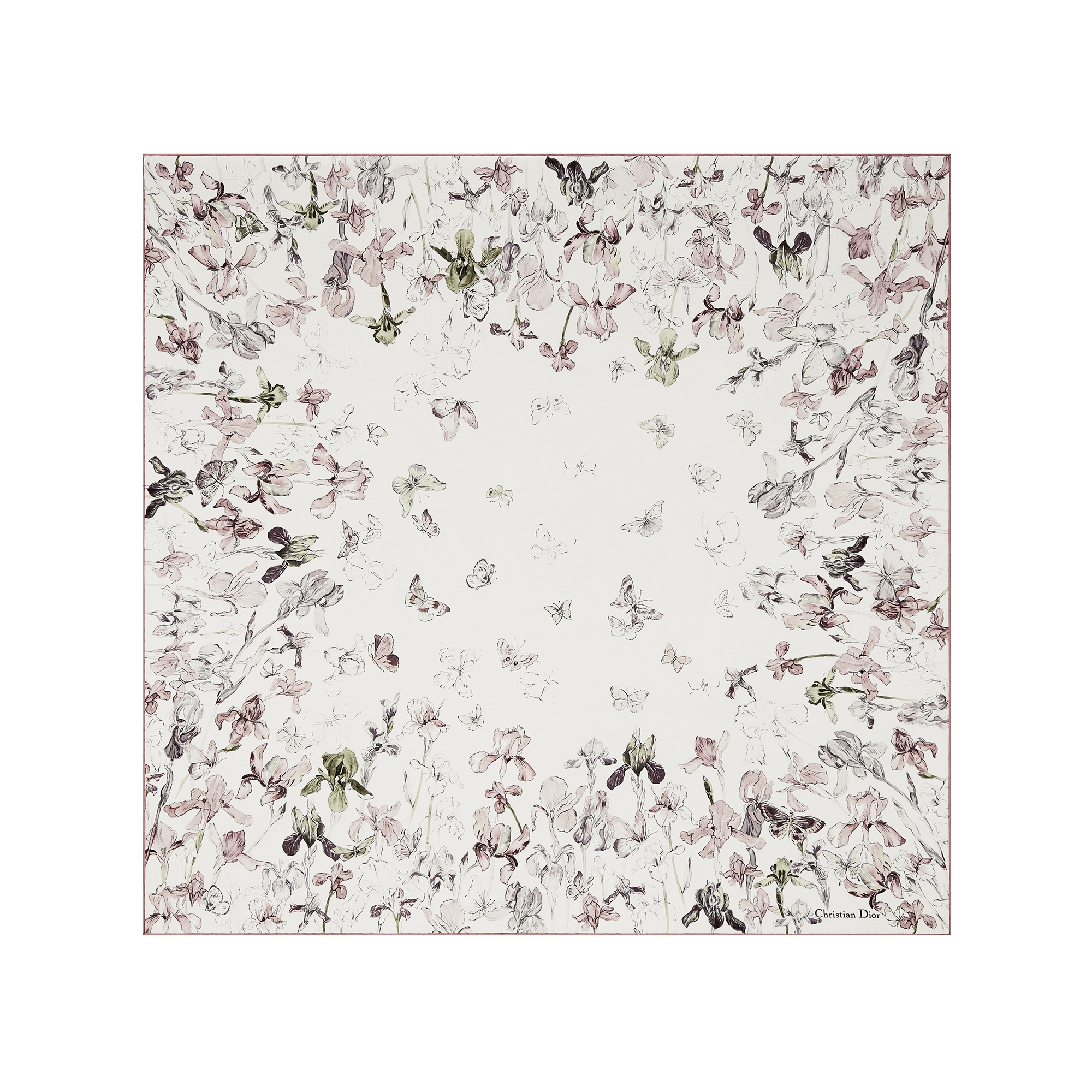  90 厘米胭脂粉色桑蚕丝斜纹面料多色 Butterflies & Iris 图案