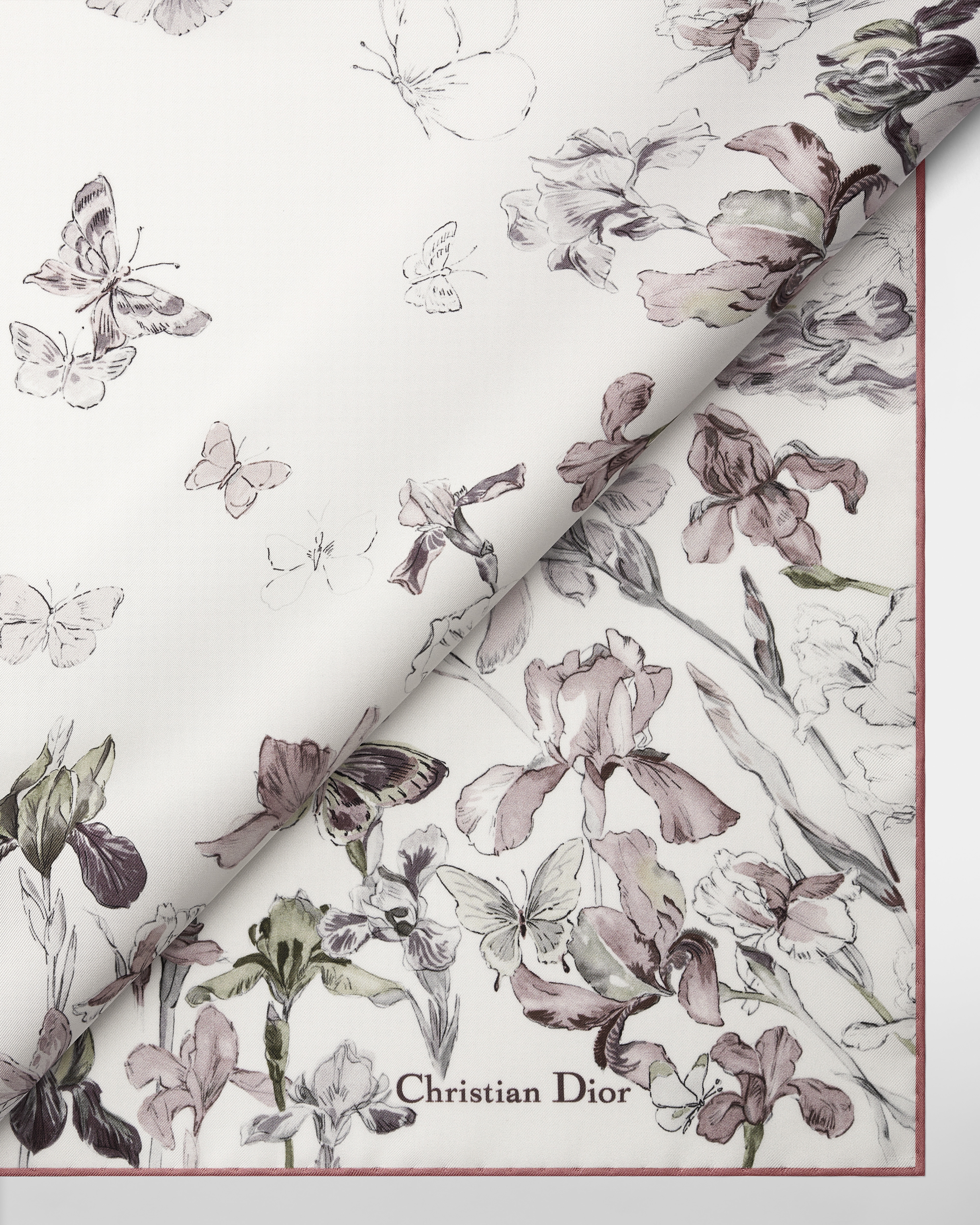 Dior 印花方巾 90 厘米胭脂粉色桑蚕丝斜纹面料多色 Butterflies & Iris 图案 E09