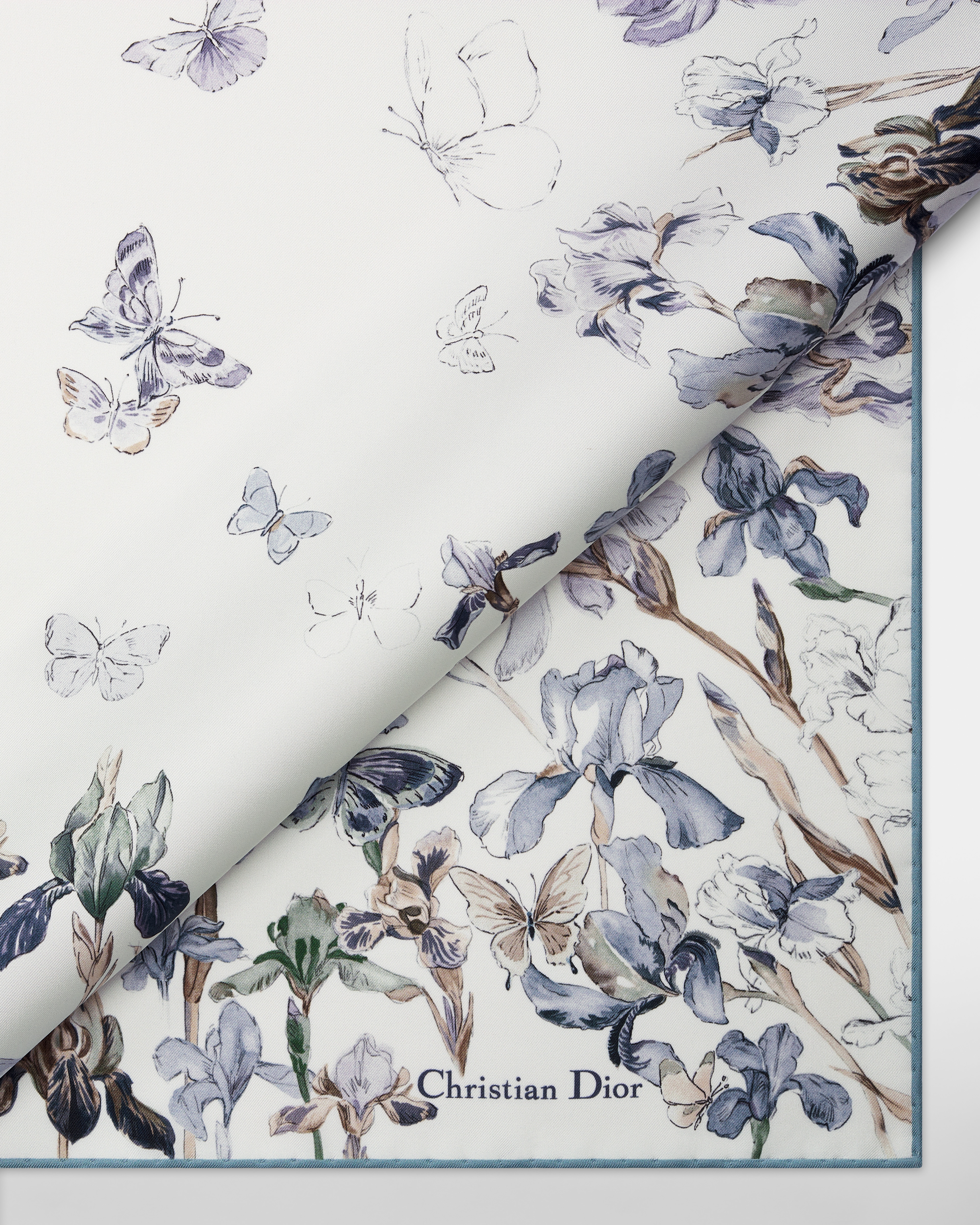 Dior 印花方巾 90 厘米天蓝色桑蚕丝斜纹面料 Butterflies & Iris 图案 E09