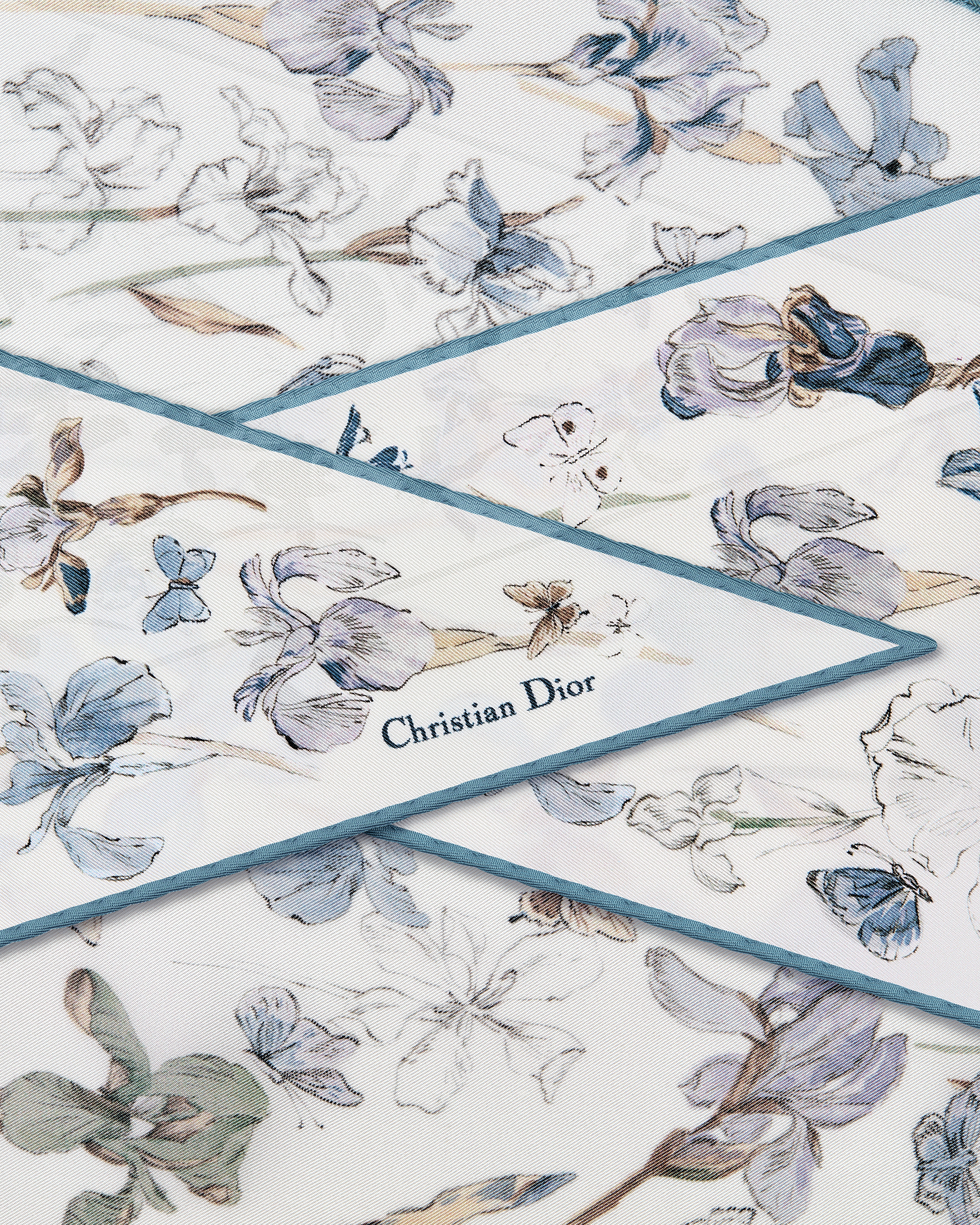 Dior Diamond 丝巾 白色和天蓝色桑蚕丝斜纹面料 Iris 图案 E09