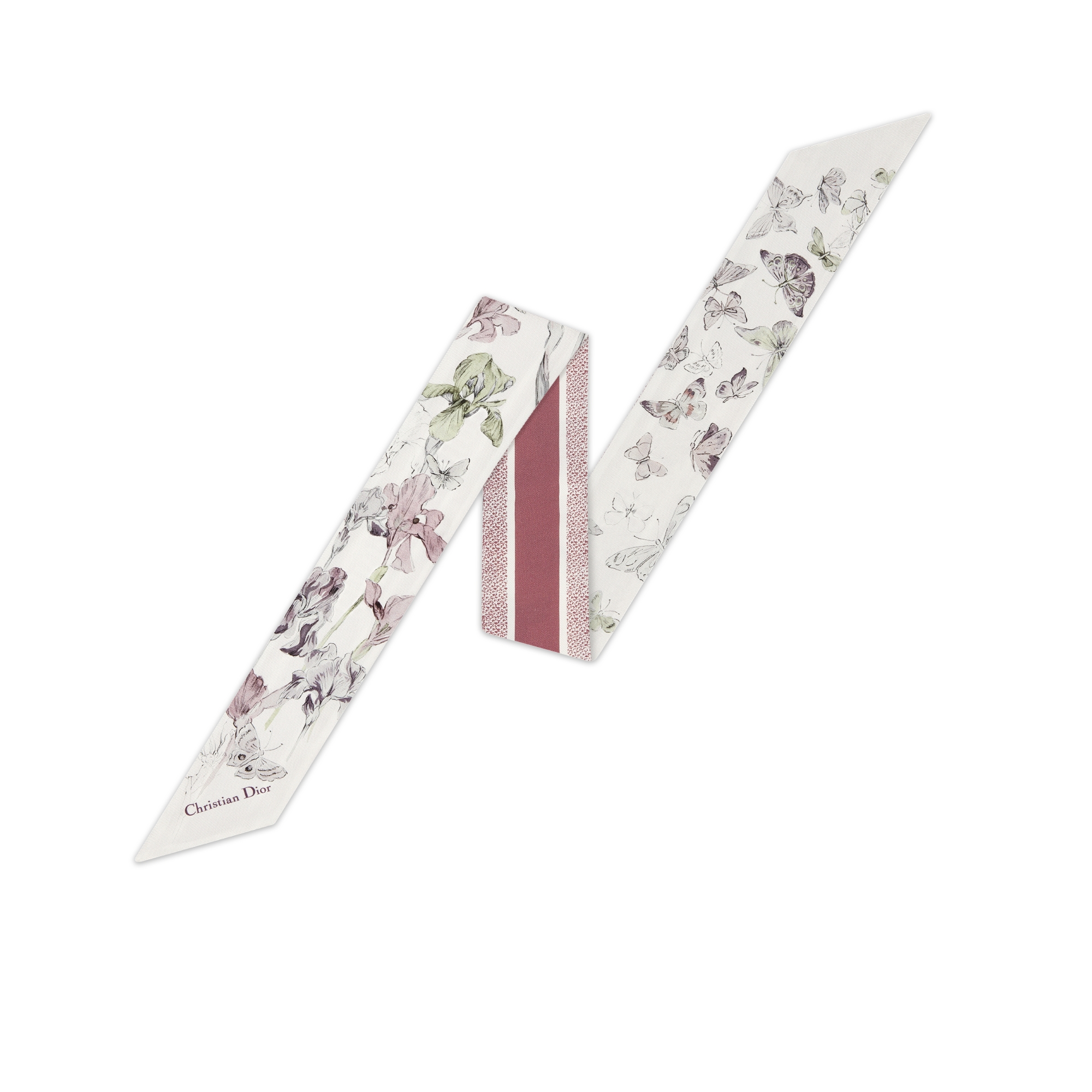 Mitzah 丝巾 白色和胭脂粉色桑蚕丝斜纹面料多色  Butterflies & Iris 图案 E01