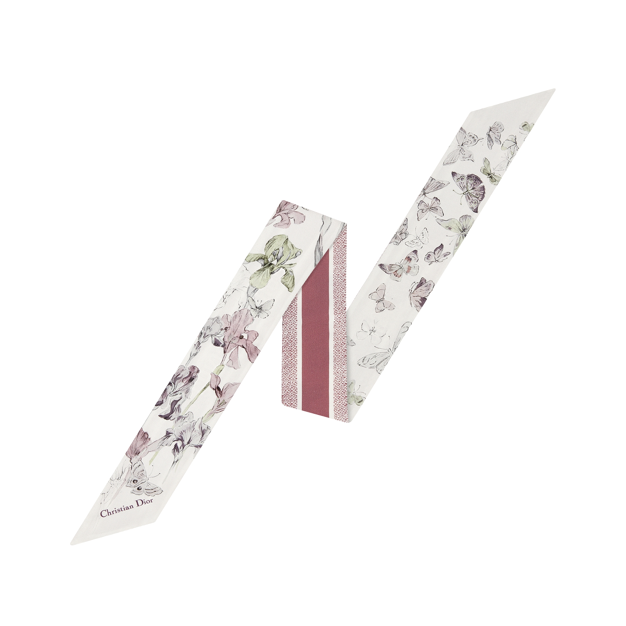  白色和胭脂粉色桑蚕丝斜纹面料多色  Butterflies & Iris 图案