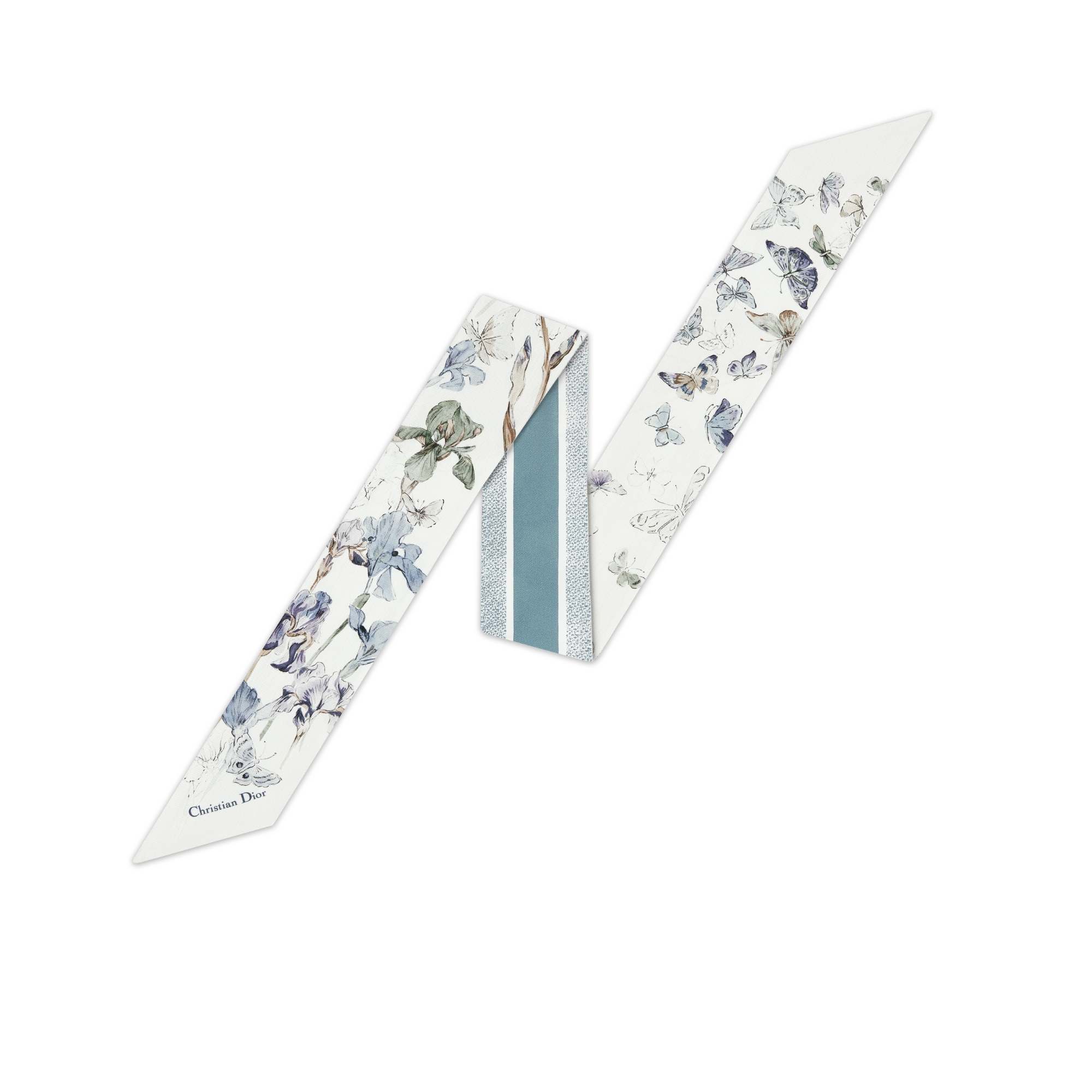 Mitzah 丝巾 白色和天蓝色桑蚕丝斜纹面料 Butterflies & Iris 图案 E01