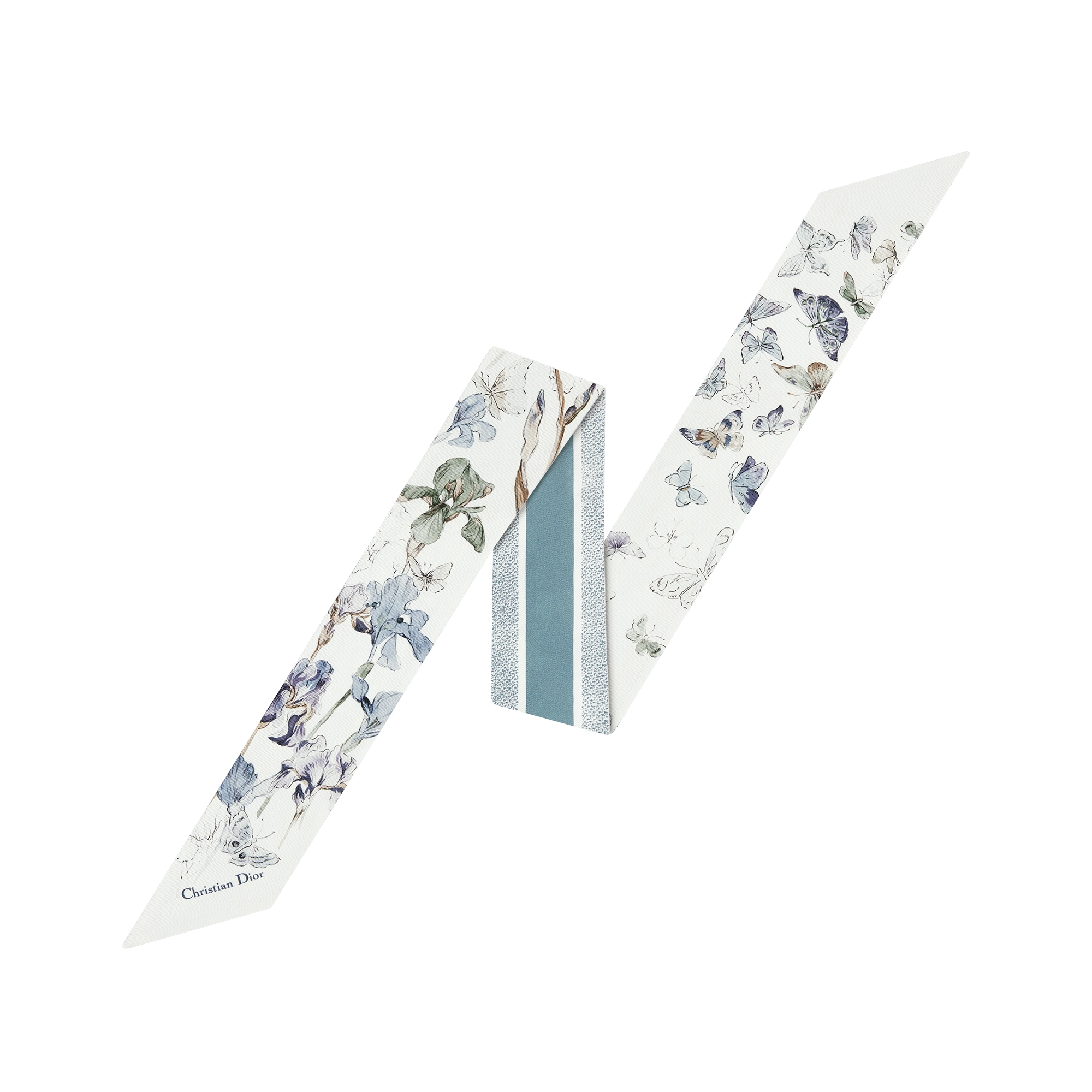  白色和天蓝色桑蚕丝斜纹面料 Butterflies & Iris 图案