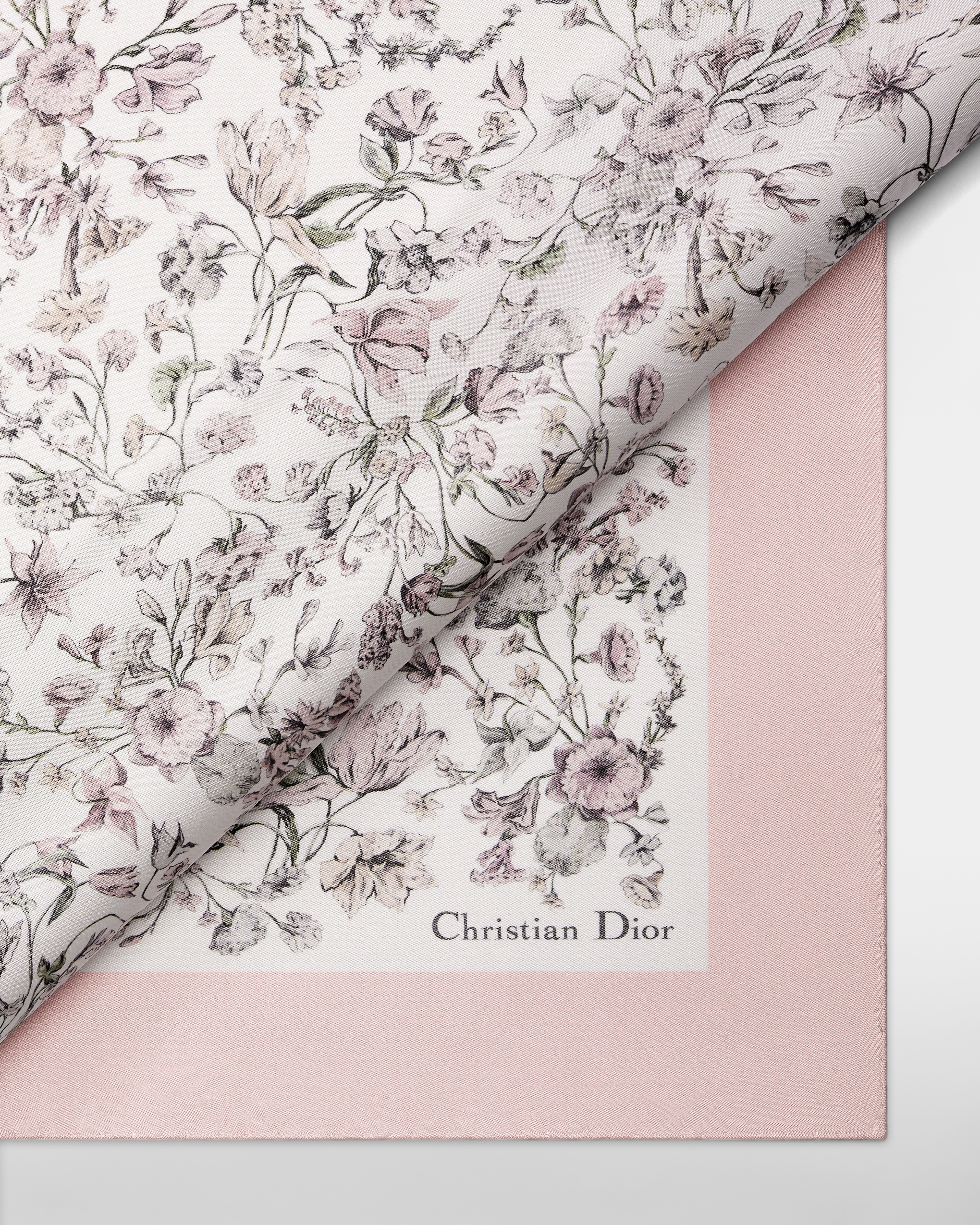 Dior 印花方巾 70 厘米白色和粉色桑蚕丝斜纹面料 Millefiori 图案 E09
