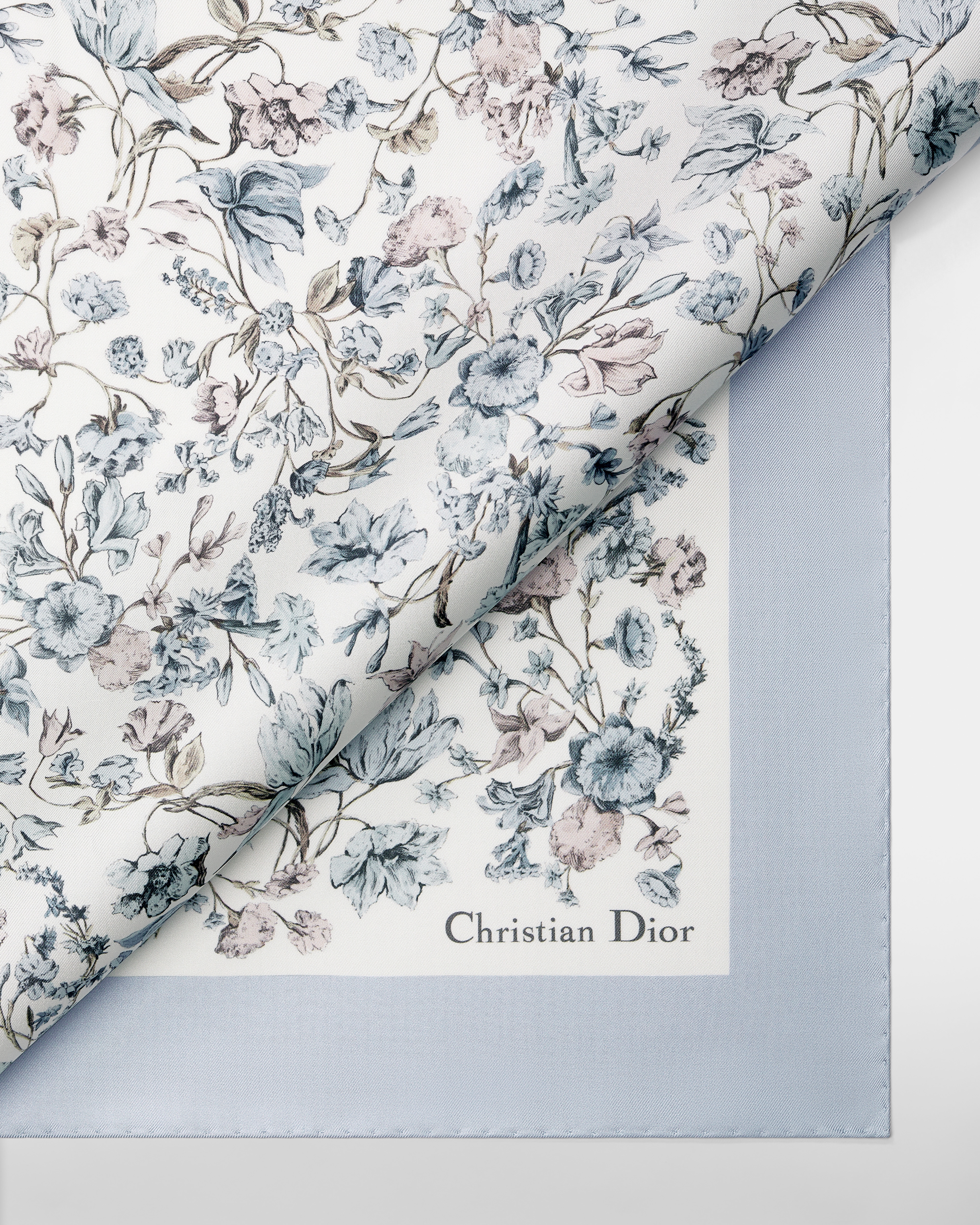 Dior 印花方巾 70 厘米白色和蓝色桑蚕丝斜纹面料 Millefiori 图案 E09