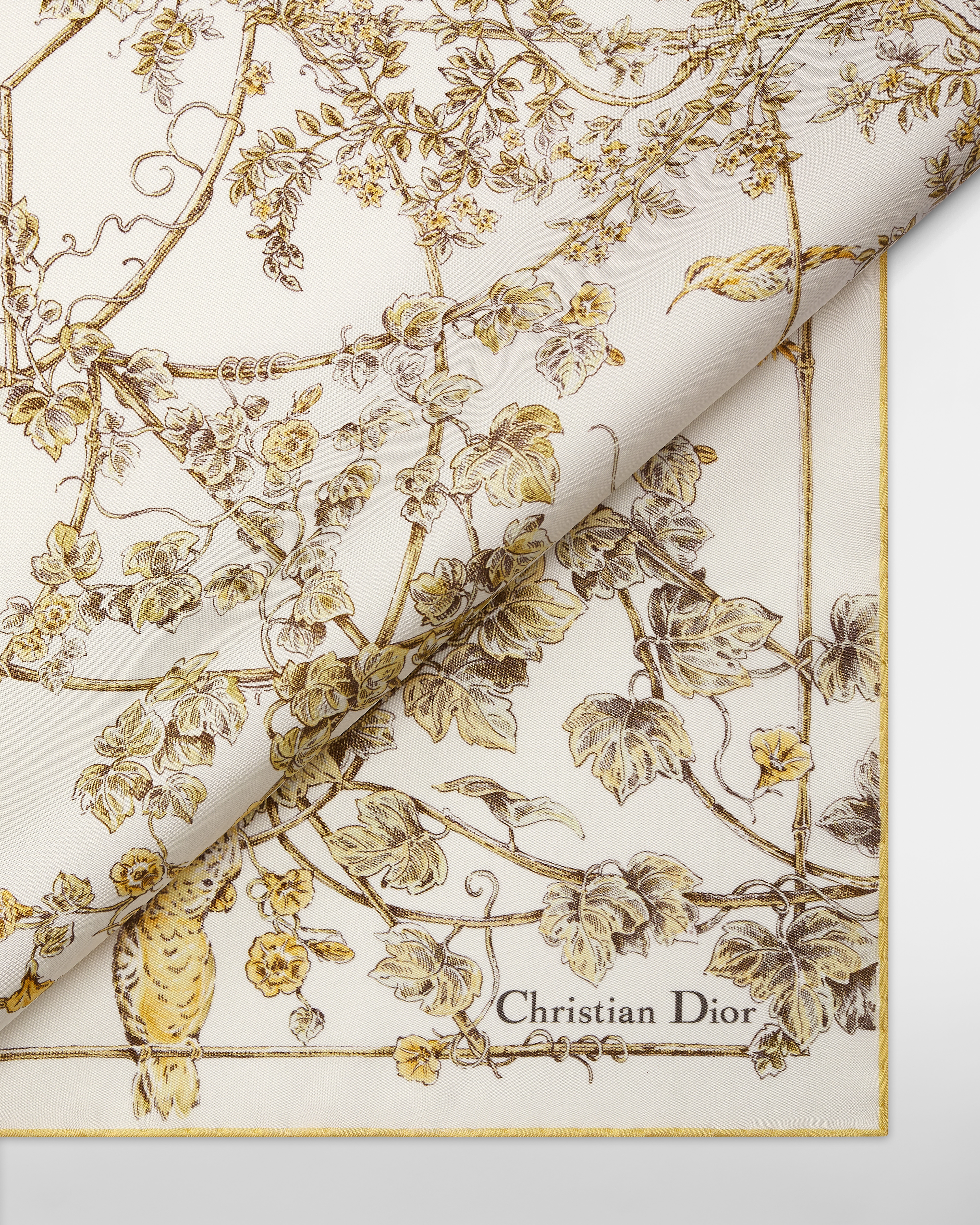 Dior 印花方巾 90 厘米白色和金色调桑蚕丝斜纹面料 Jardin D-Étoile 图案 E09