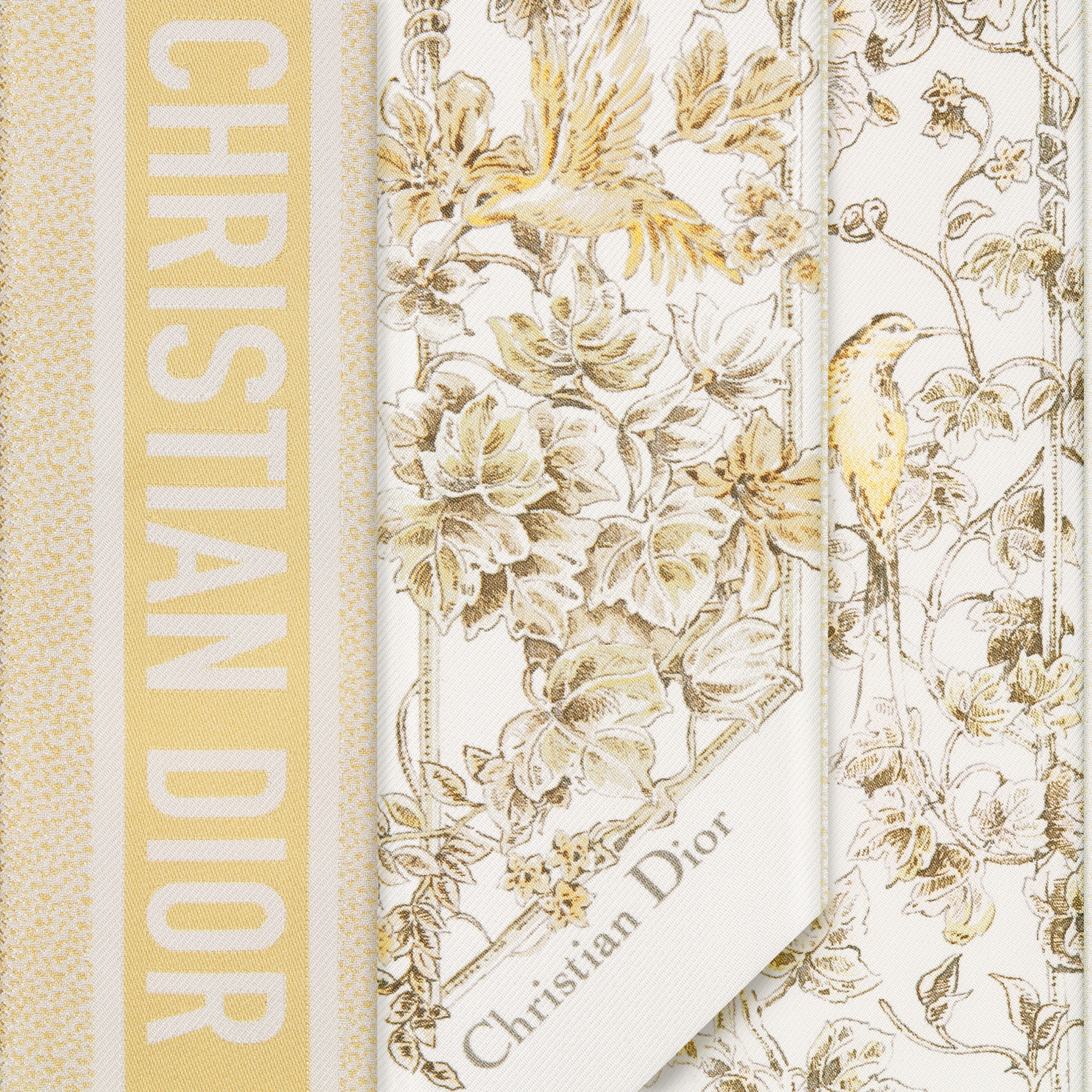 Mitzah 丝巾 白色和金色调桑蚕丝斜纹面料 Jardin D-Étoile 图案 E09