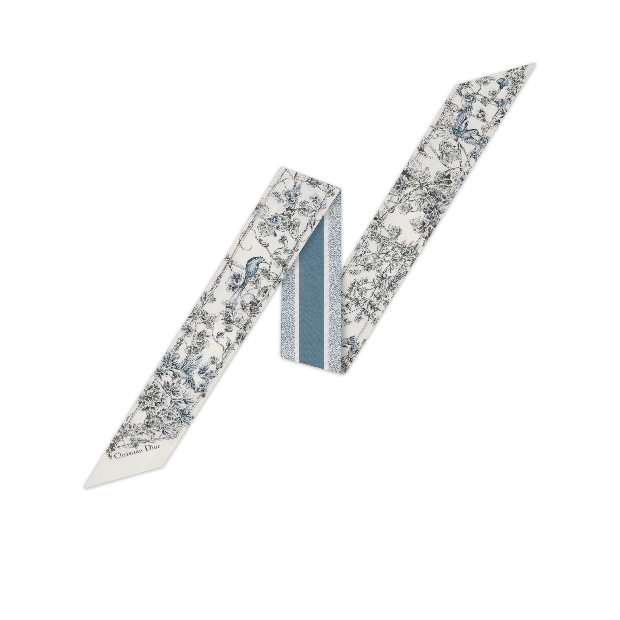 Mitzah 丝巾 白色和蓝色桑蚕丝斜纹面料 Jardin D-Étoile 图案 E01