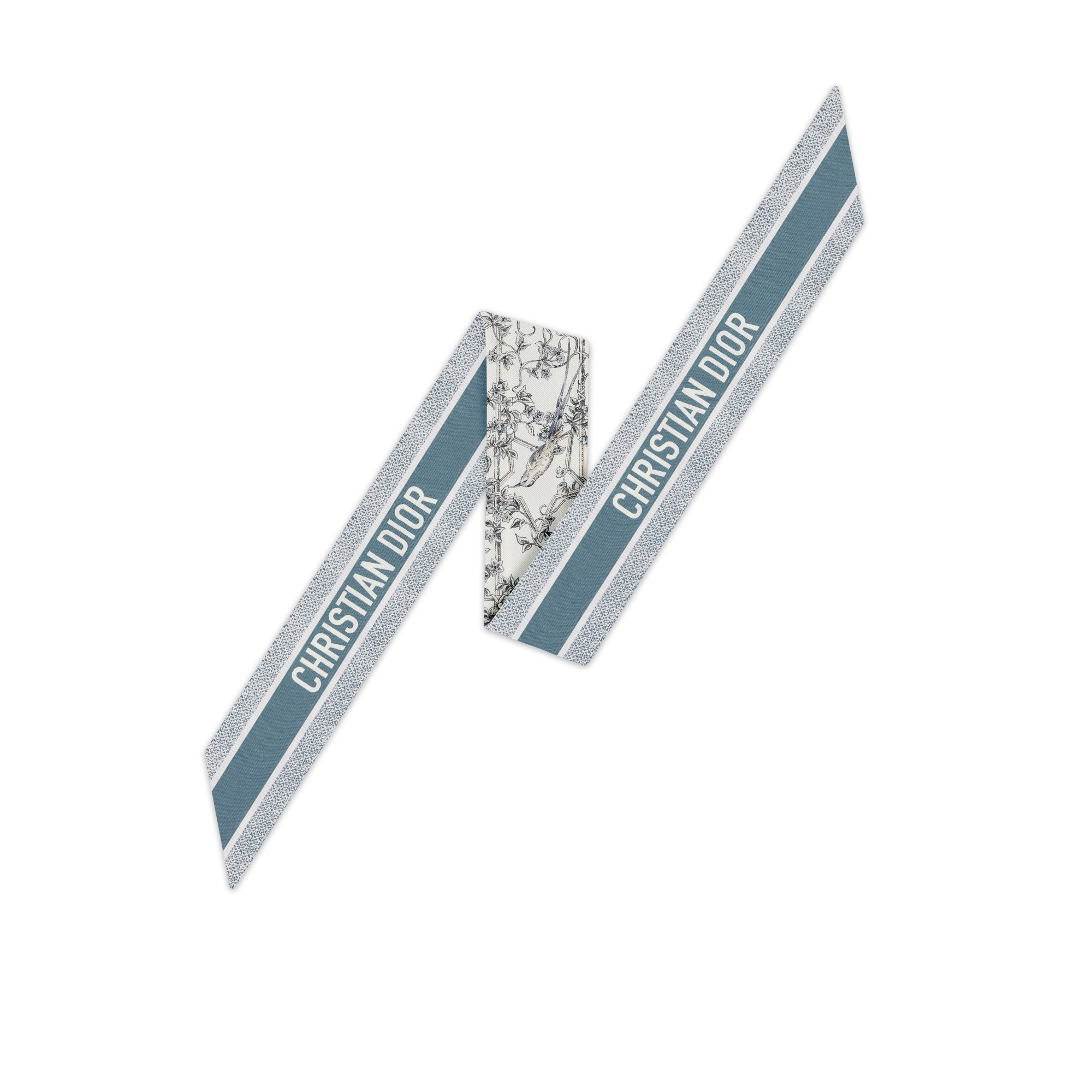 Mitzah 丝巾 白色和蓝色桑蚕丝斜纹面料 Jardin D-Étoile 图案 E08