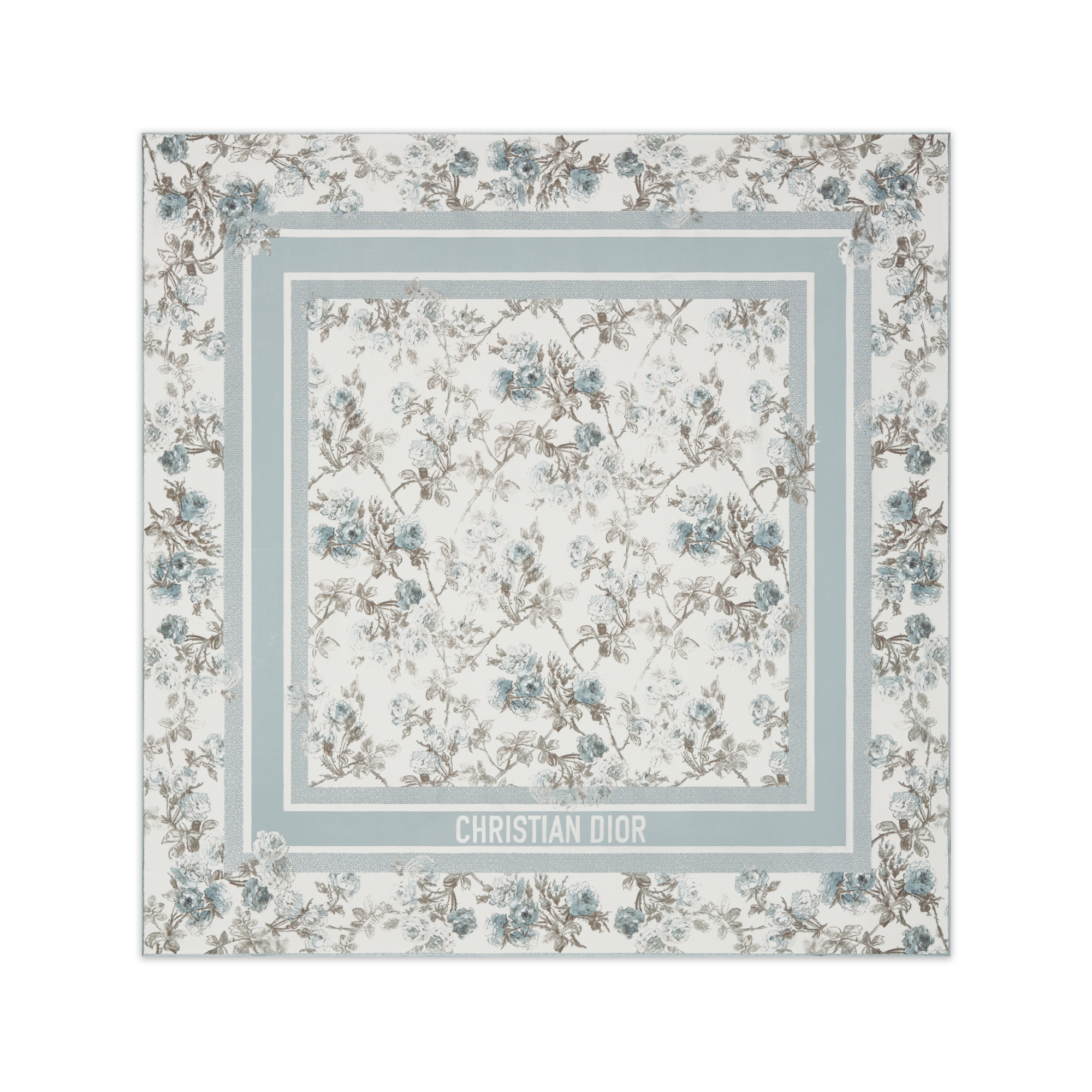 Dior 印花方巾 90 厘米白色和天蓝色桑蚕丝斜纹面料 Rosier de Dior 图案 E01