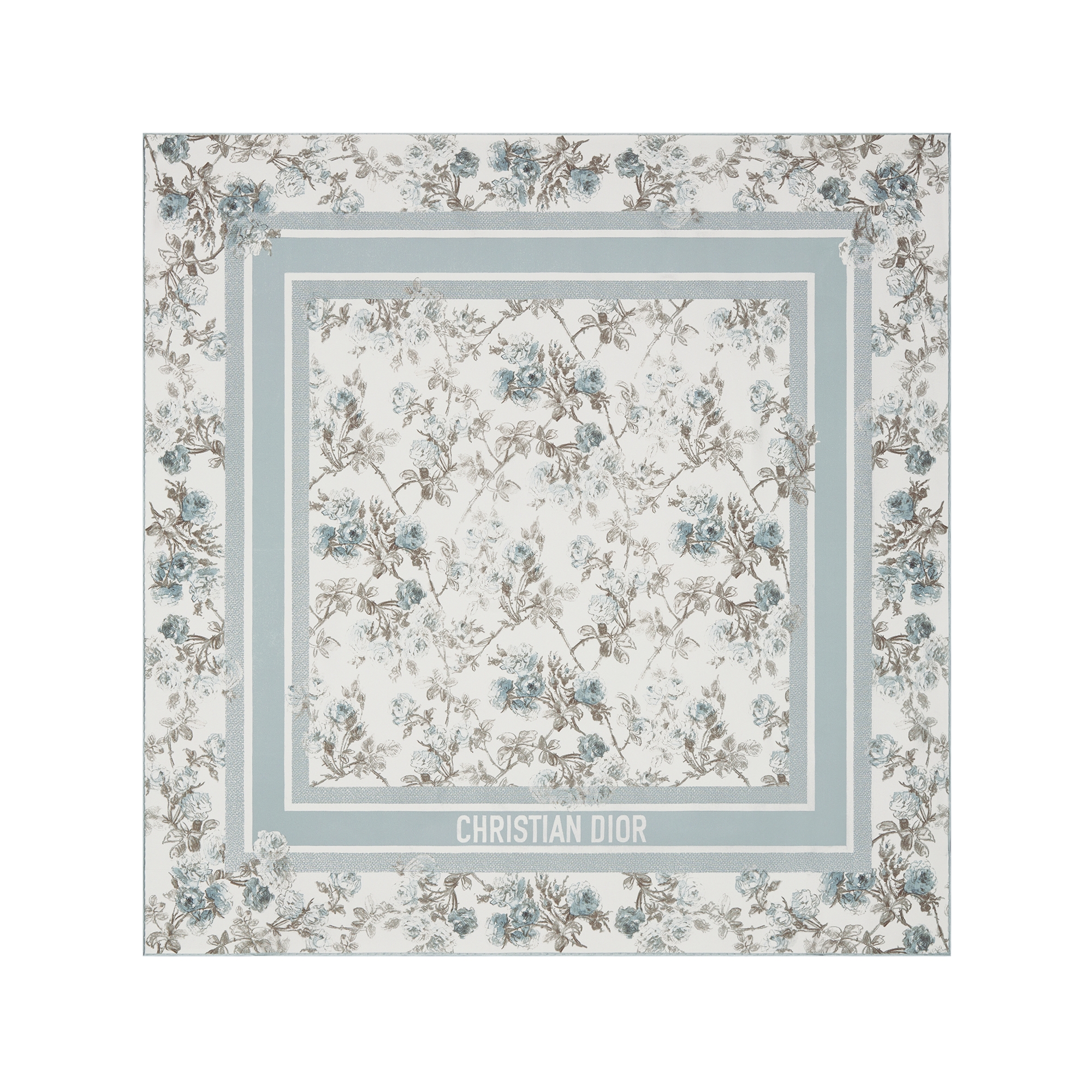  90 厘米白色和天蓝色桑蚕丝斜纹面料 Rosier de Dior 图案