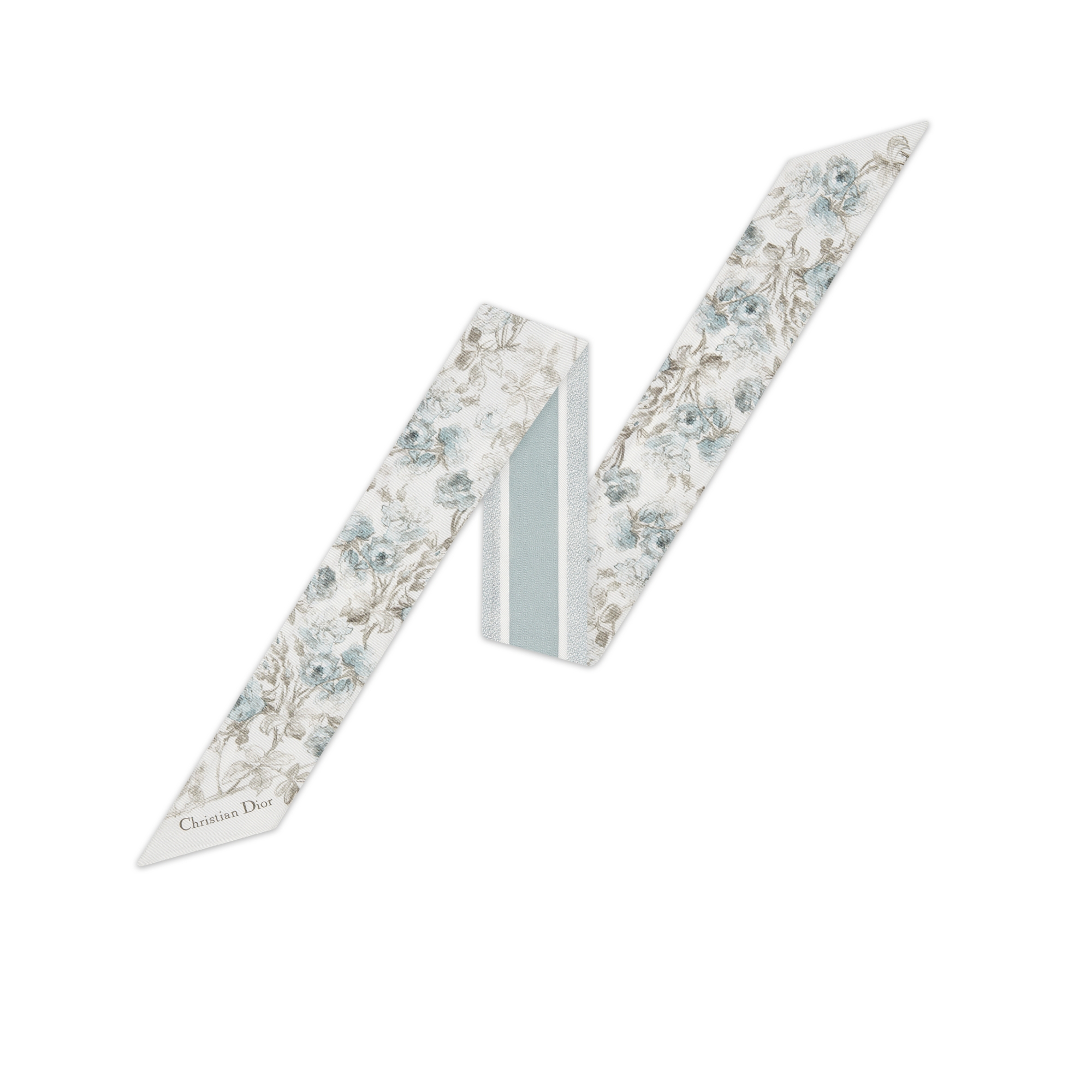 Mitzah 丝巾 白色和天蓝色桑蚕丝斜纹面料 Rosier de Dior 图案 E01