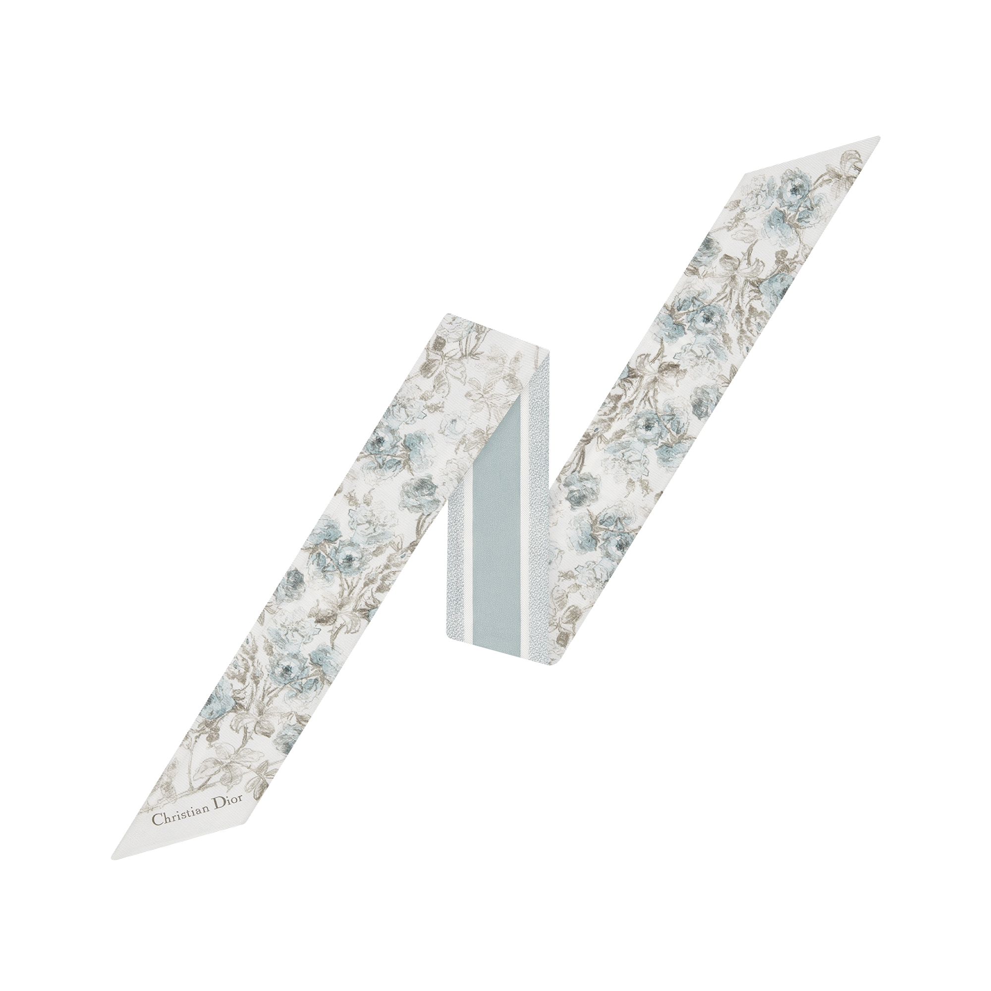  白色和天蓝色桑蚕丝斜纹面料 Rosier de Dior 图案