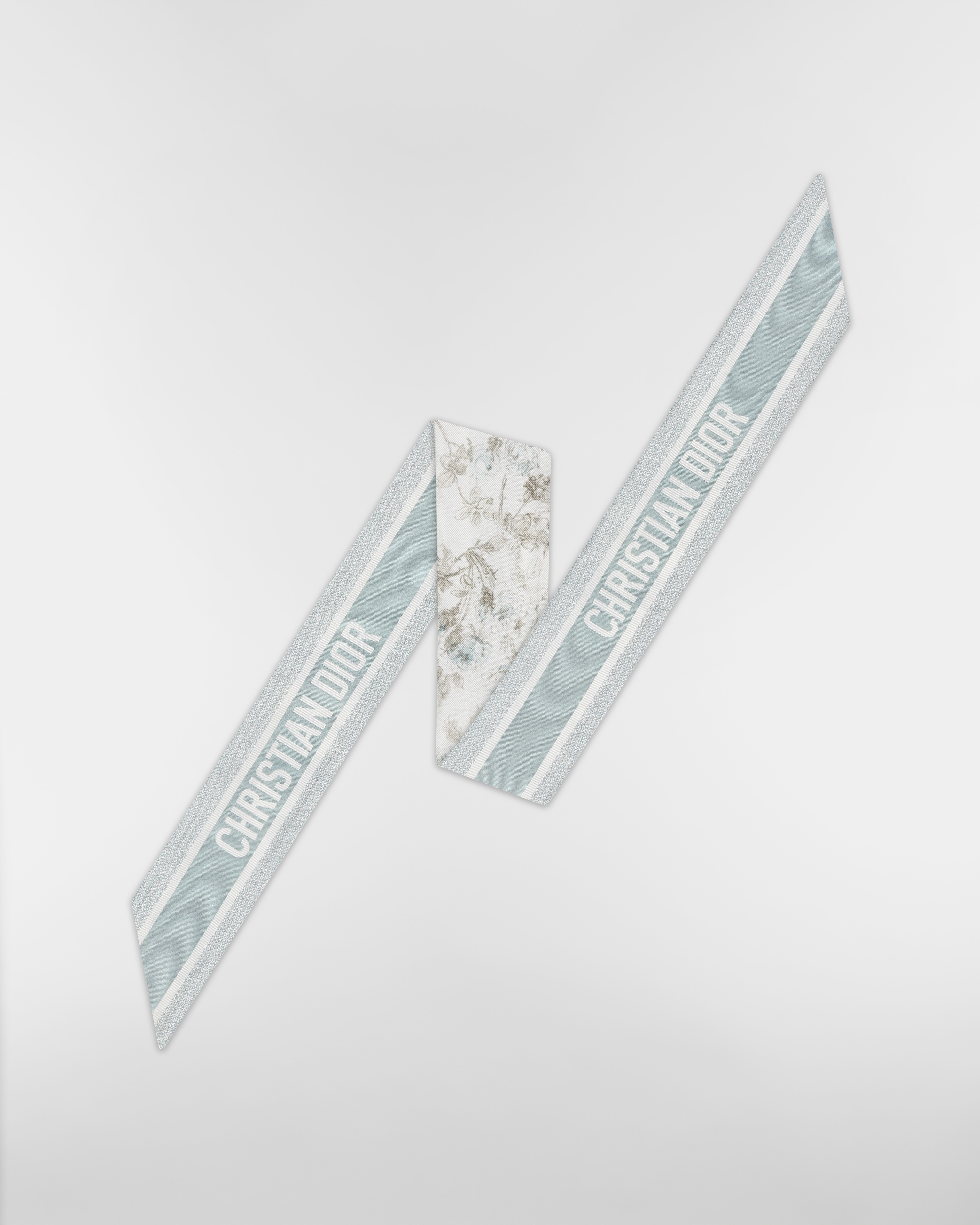 Mitzah 丝巾 白色和天蓝色桑蚕丝斜纹面料 Rosier de Dior 图案 E08